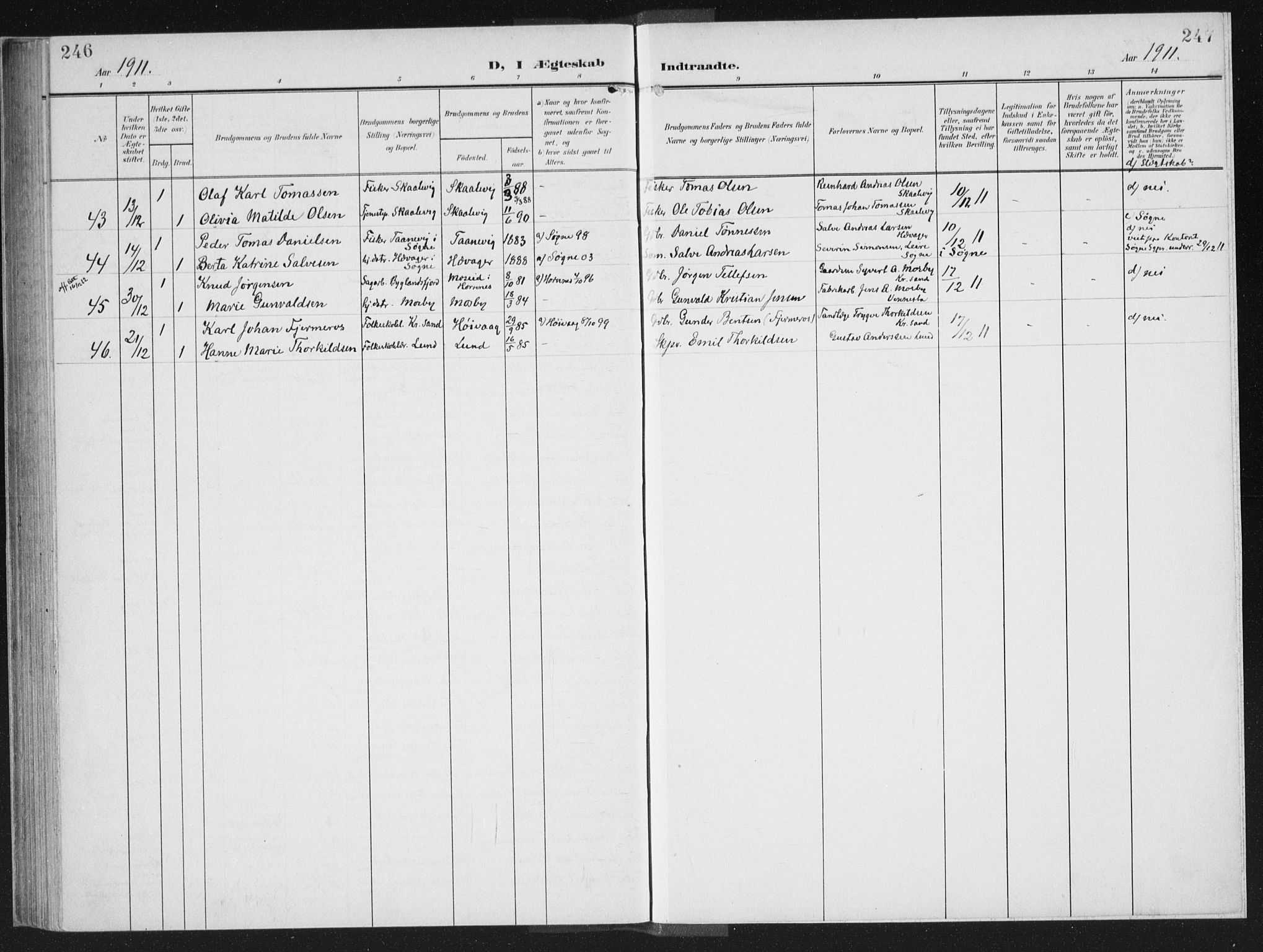 Oddernes sokneprestkontor, AV/SAK-1111-0033/F/Fa/Faa/L0011: Parish register (official) no. A 11, 1904-1911, p. 246-247