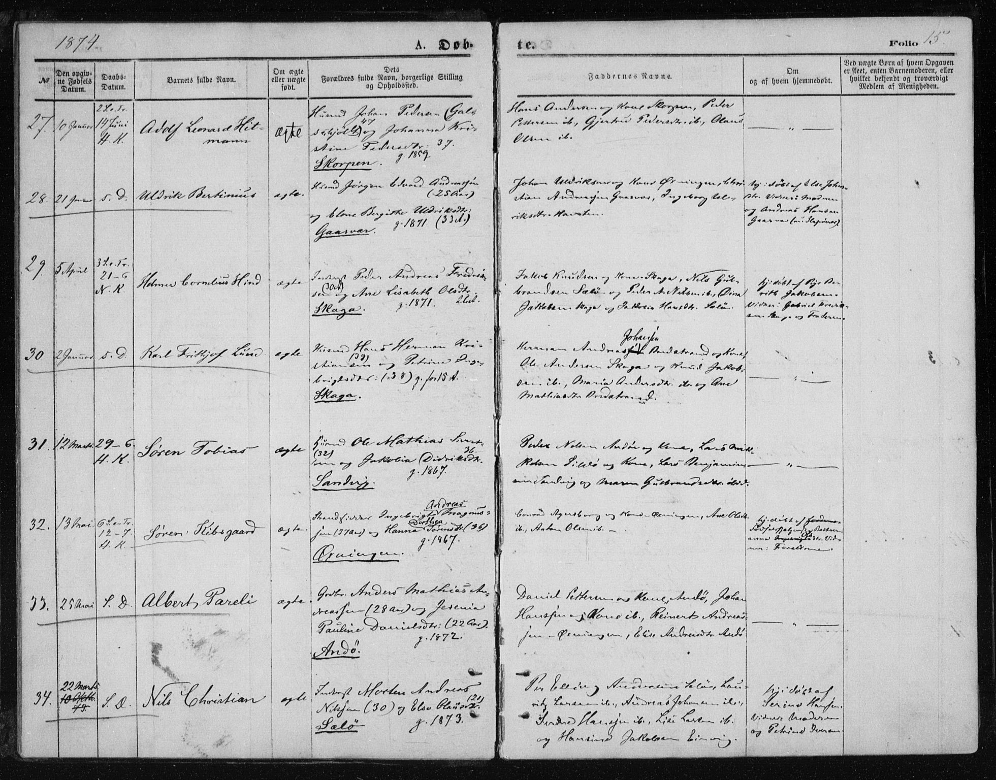 Ministerialprotokoller, klokkerbøker og fødselsregistre - Nordland, AV/SAT-A-1459/834/L0506: Parish register (official) no. 834A04, 1872-1878, p. 15