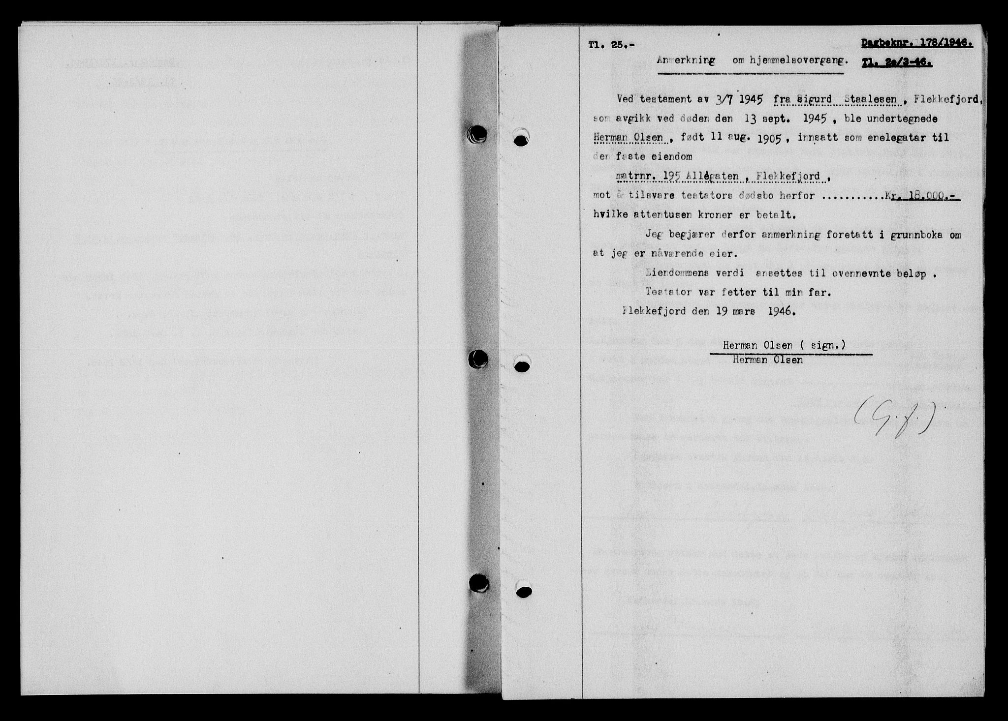 Flekkefjord sorenskriveri, SAK/1221-0001/G/Gb/Gba/L0060: Mortgage book no. A-8, 1945-1946, Diary no: : 178/1946
