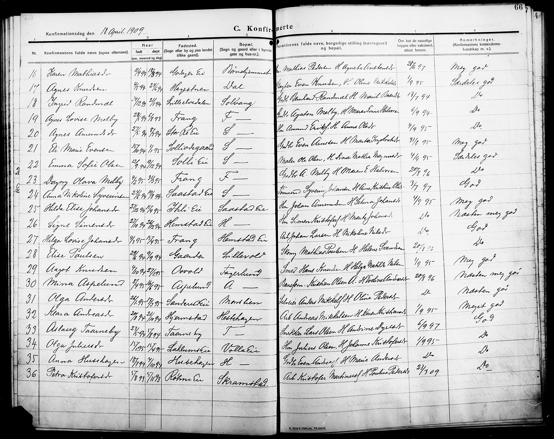 Stange prestekontor, AV/SAH-PREST-002/L/L0014: Parish register (copy) no. 14, 1909-1917, p. 66