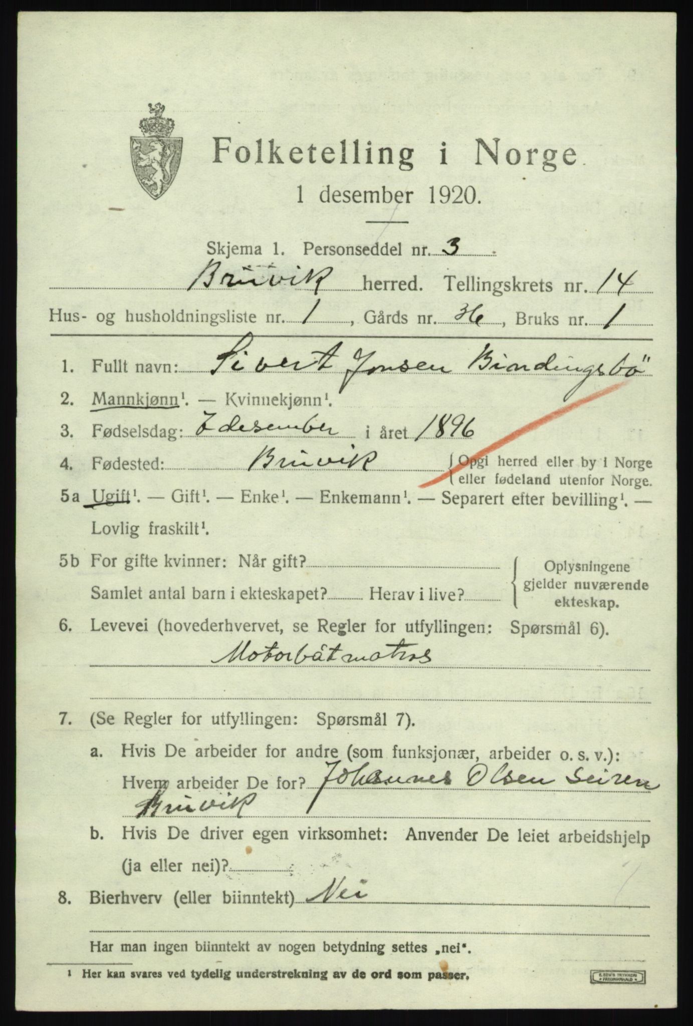 SAB, 1920 census for Bruvik, 1920, p. 8522