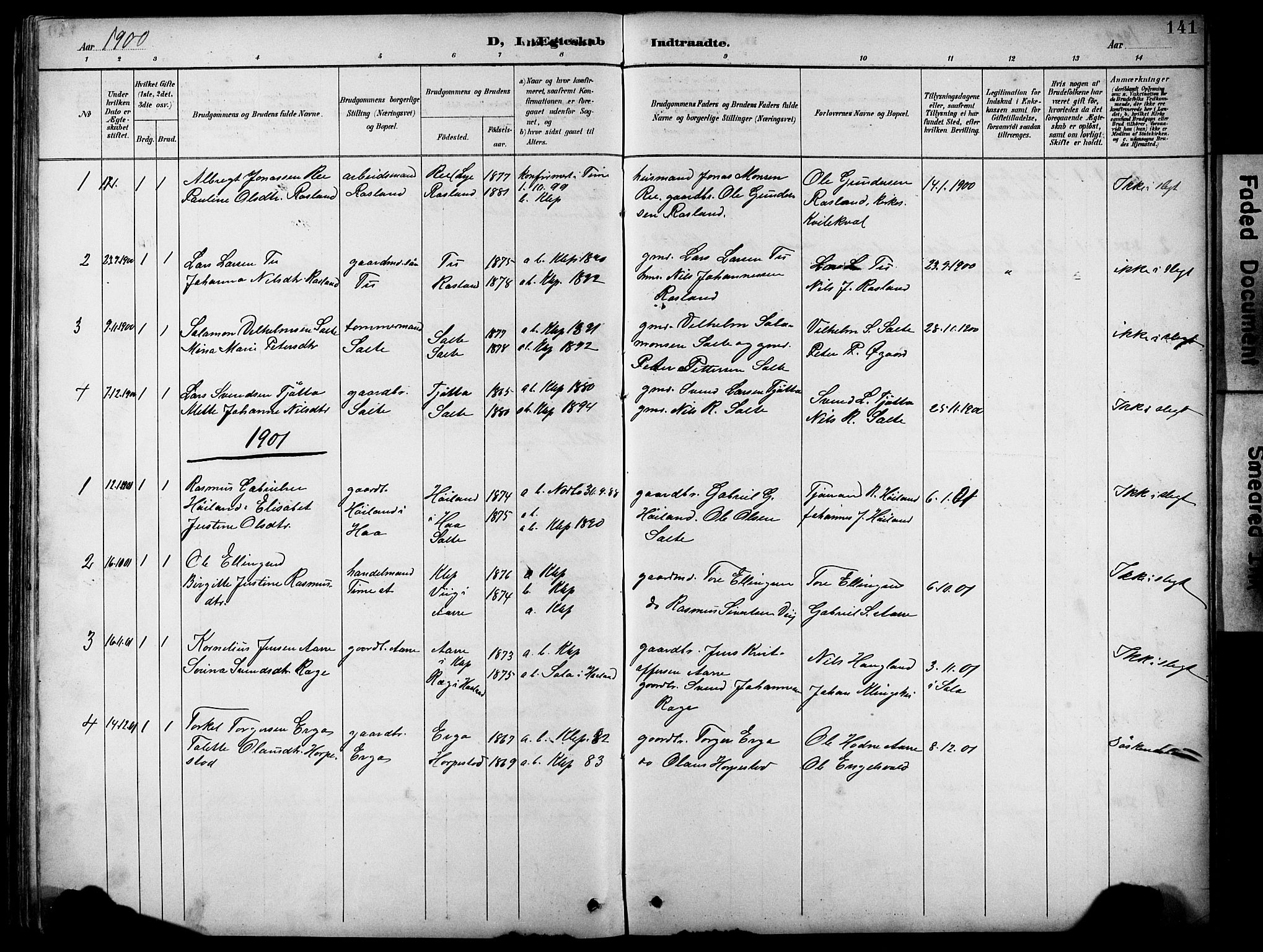 Klepp sokneprestkontor, SAST/A-101803/001/3/30BB/L0005: Parish register (copy) no. B 5, 1889-1918, p. 141