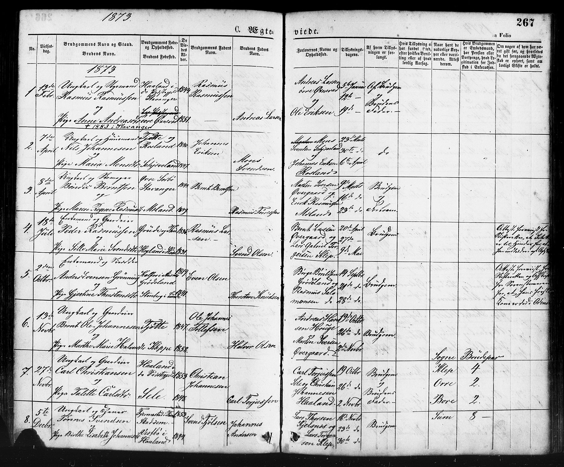 Klepp sokneprestkontor, AV/SAST-A-101803/001/3/30BA/L0006: Parish register (official) no. A 6, 1871-1885, p. 267