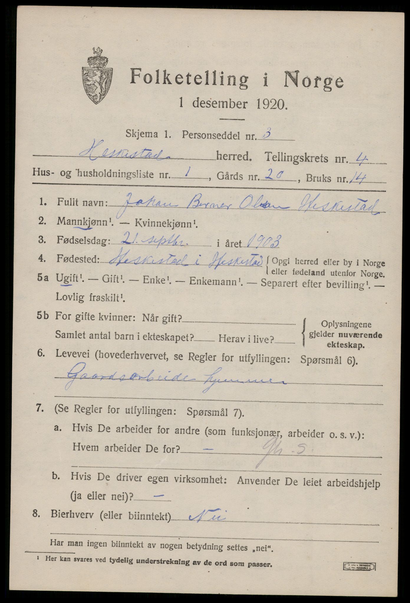 SAST, 1920 census for Heskestad, 1920, p. 1423