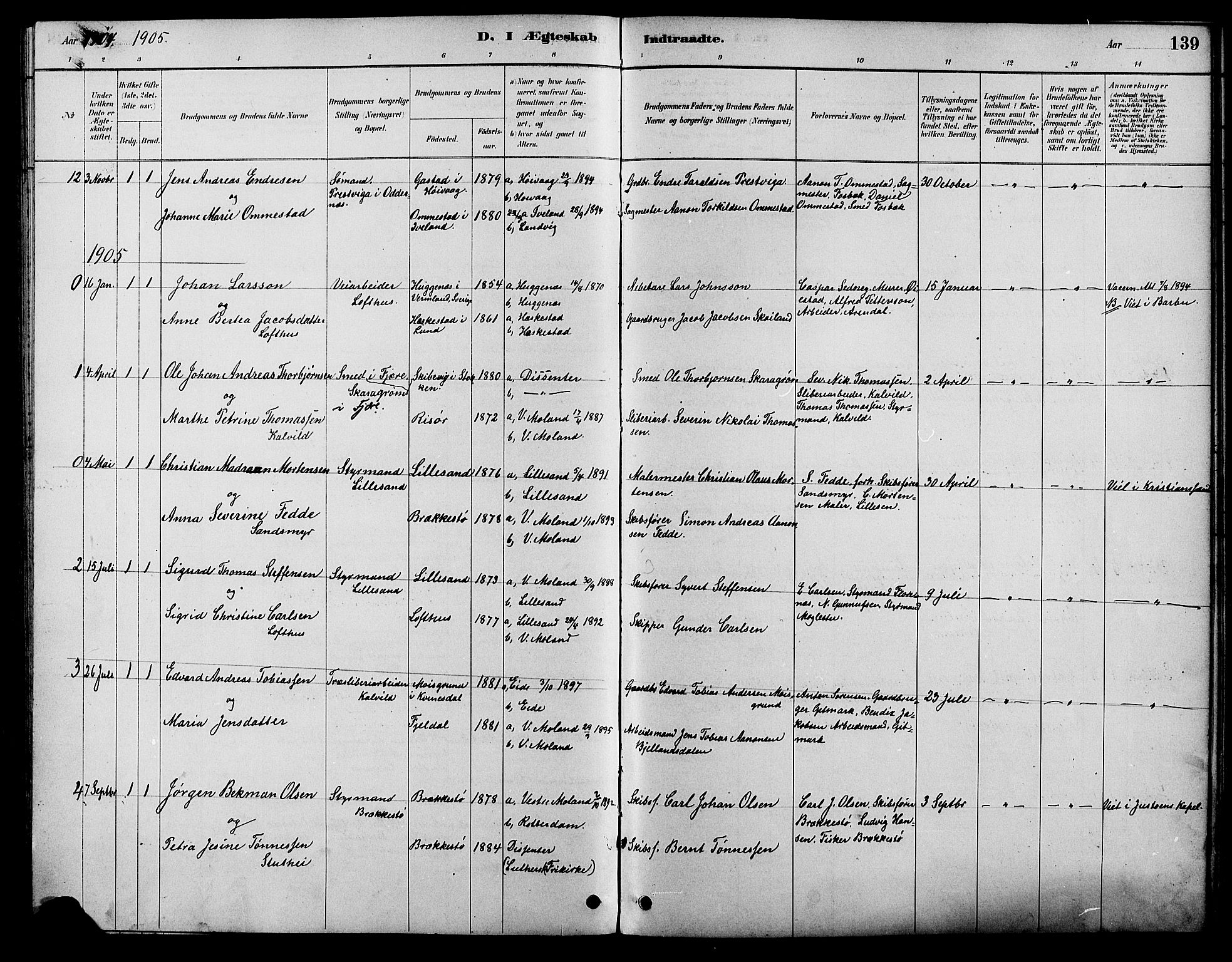 Vestre Moland sokneprestkontor, SAK/1111-0046/F/Fb/Fbb/L0006: Parish register (copy) no. B 6, 1884-1905, p. 139