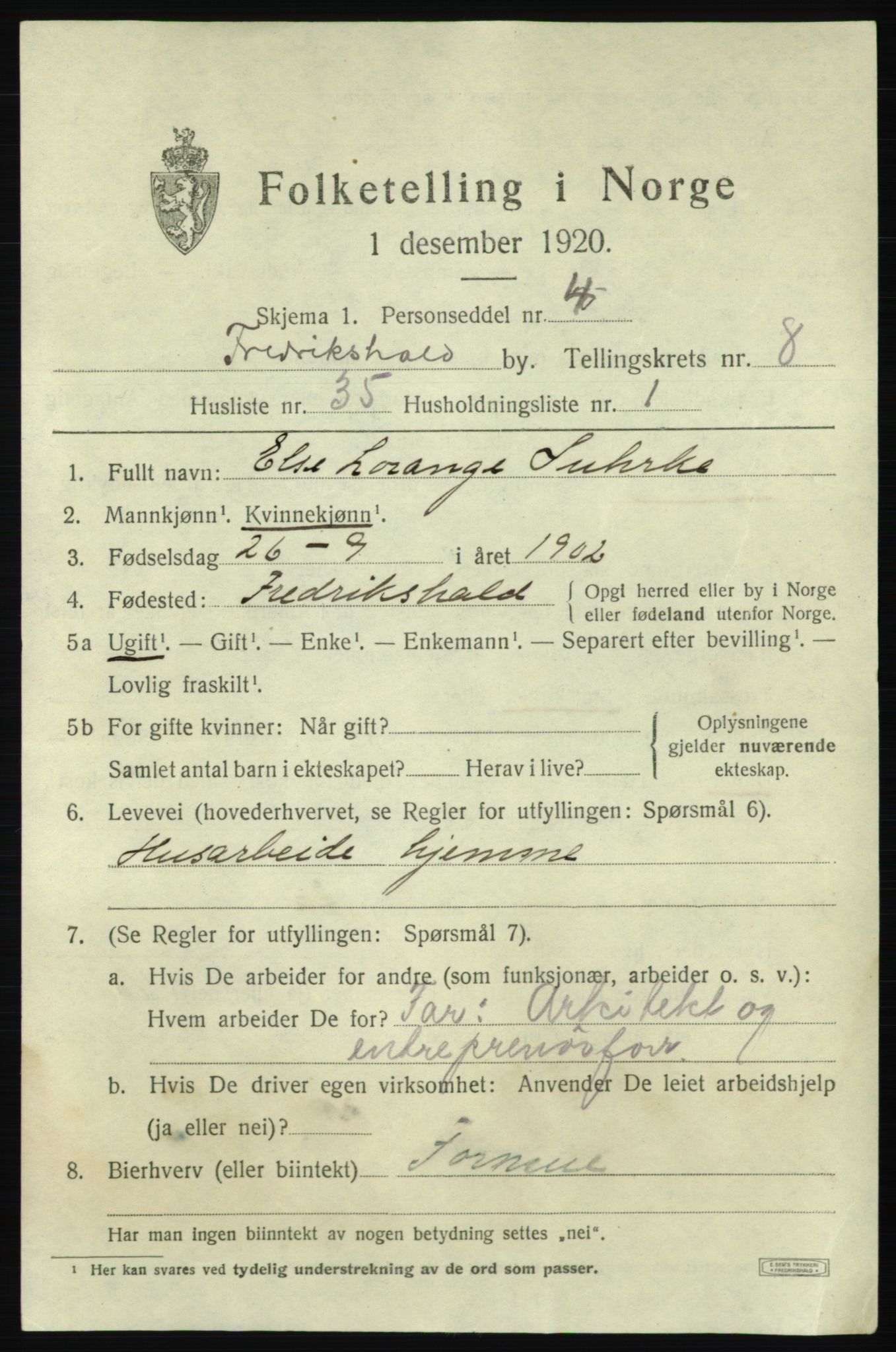 SAO, 1920 census for Fredrikshald, 1920, p. 15713