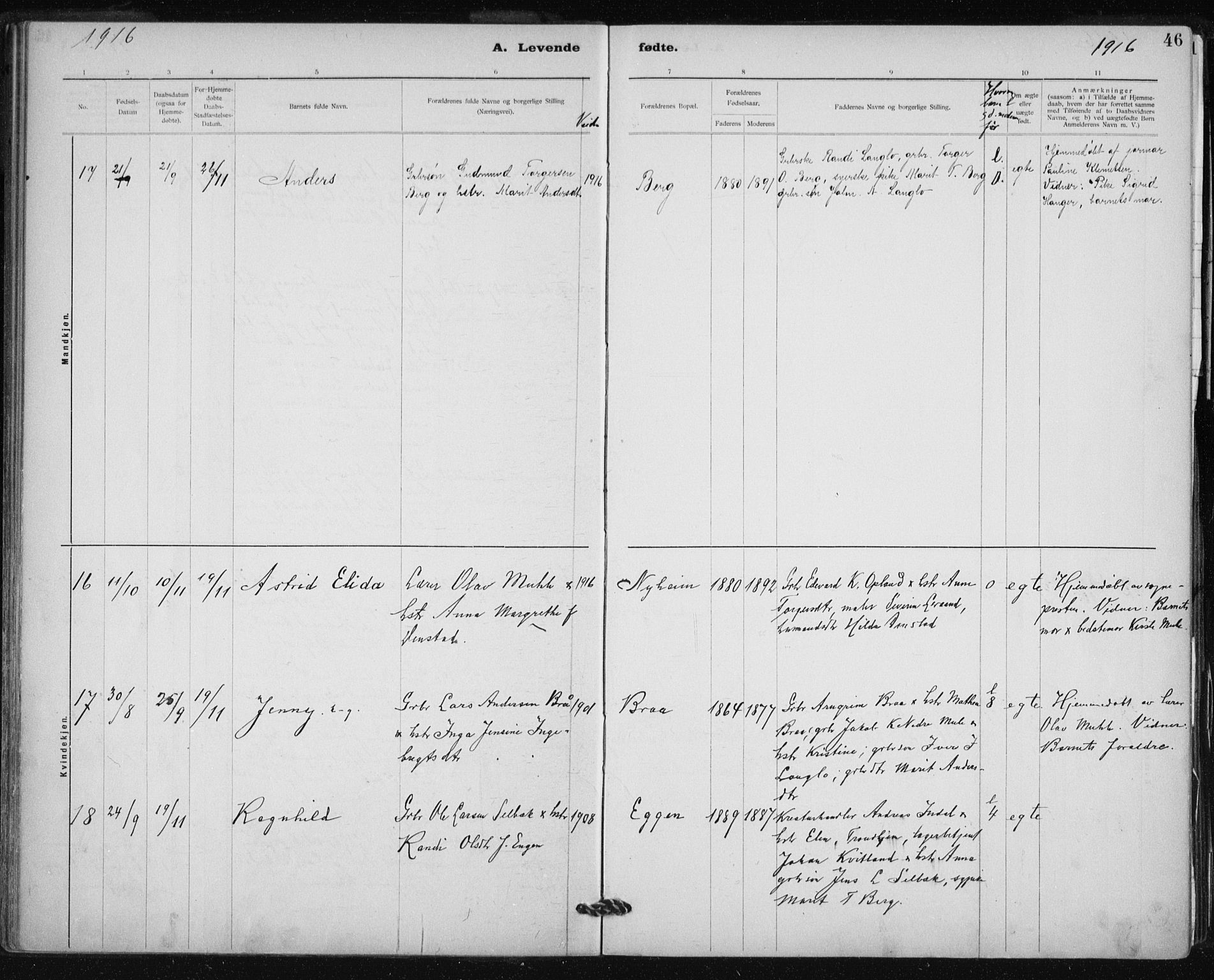 Ministerialprotokoller, klokkerbøker og fødselsregistre - Sør-Trøndelag, AV/SAT-A-1456/612/L0381: Parish register (official) no. 612A13, 1907-1923, p. 46