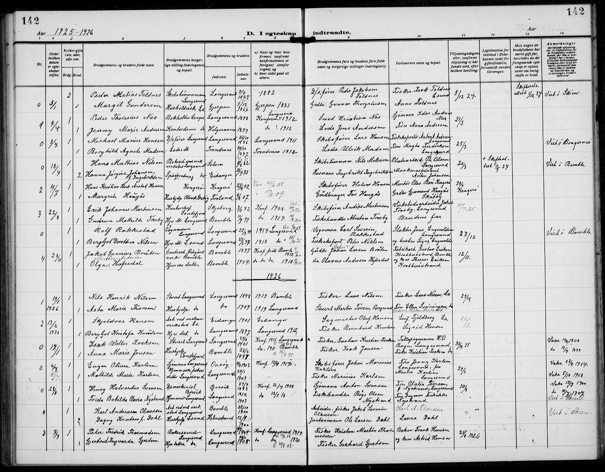 Langesund kirkebøker, AV/SAKO-A-280/G/Ga/L0007: Parish register (copy) no. 7, 1919-1939, p. 142