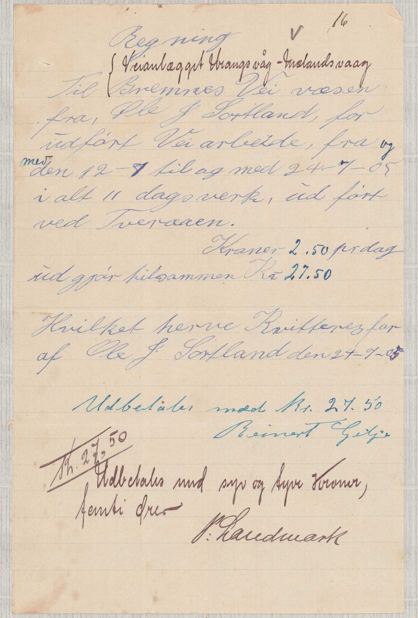 Finnaas kommune. Formannskapet, IKAH/1218a-021/E/Ea/L0002/0003: Rekneskap for veganlegg / Rekneskap for veganlegget Urangsvåg - Mælandsvåg, 1904-1905, p. 83