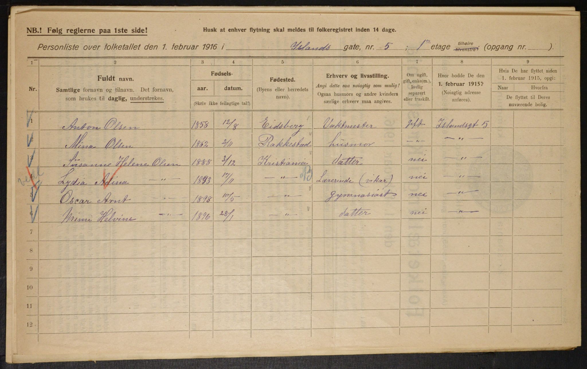 OBA, Municipal Census 1916 for Kristiania, 1916, p. 45455