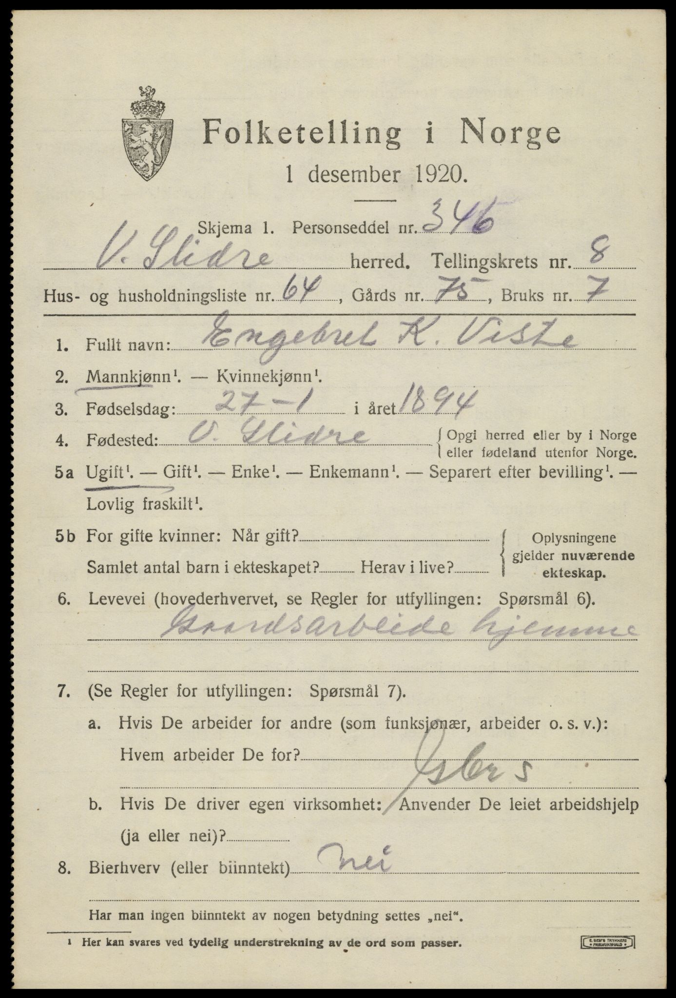 SAH, 1920 census for Vestre Slidre, 1920, p. 4968