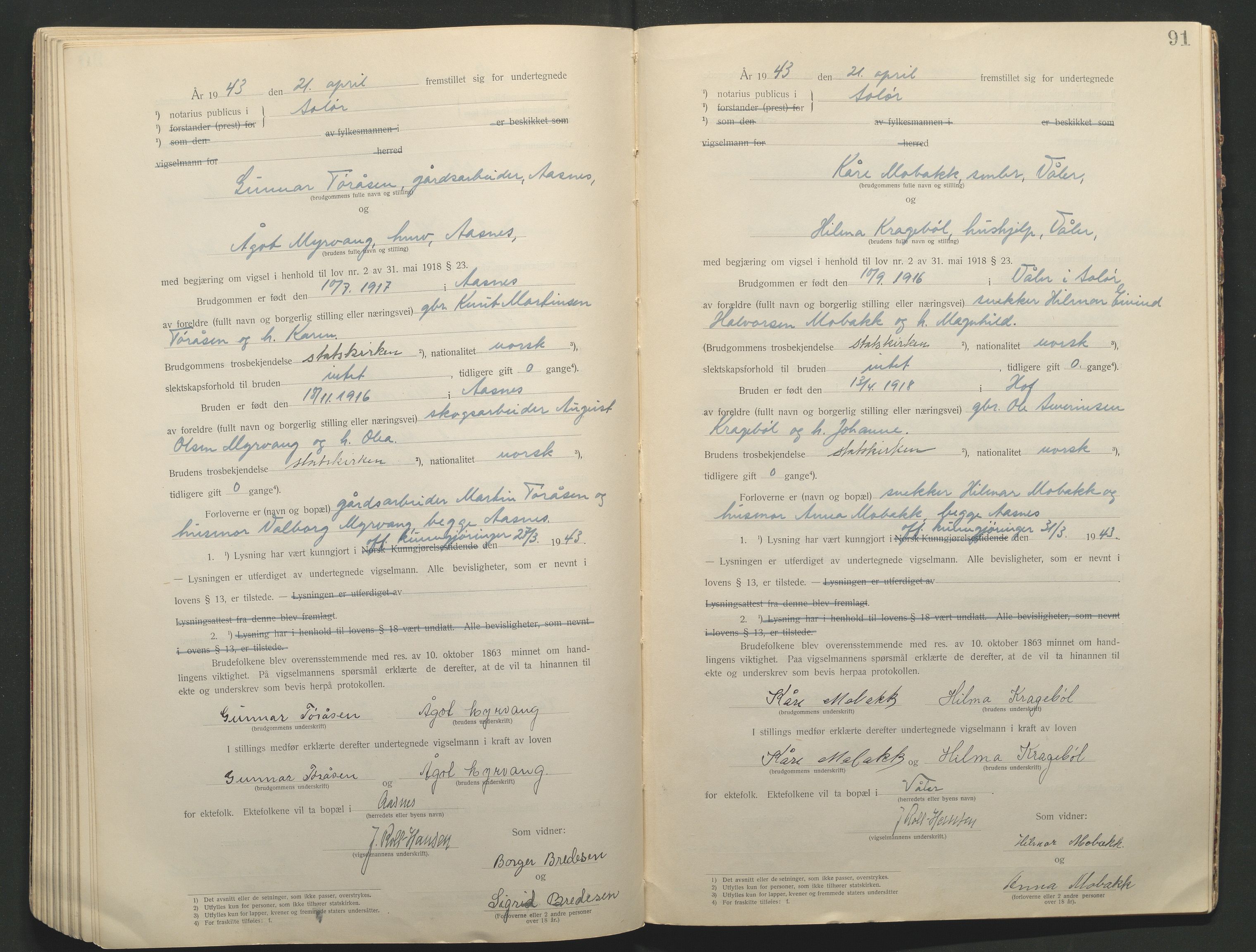 Solør tingrett, AV/SAH-TING-008/L/Lb/L0001: Vigselprotokoll, 1920-1943, p. 91