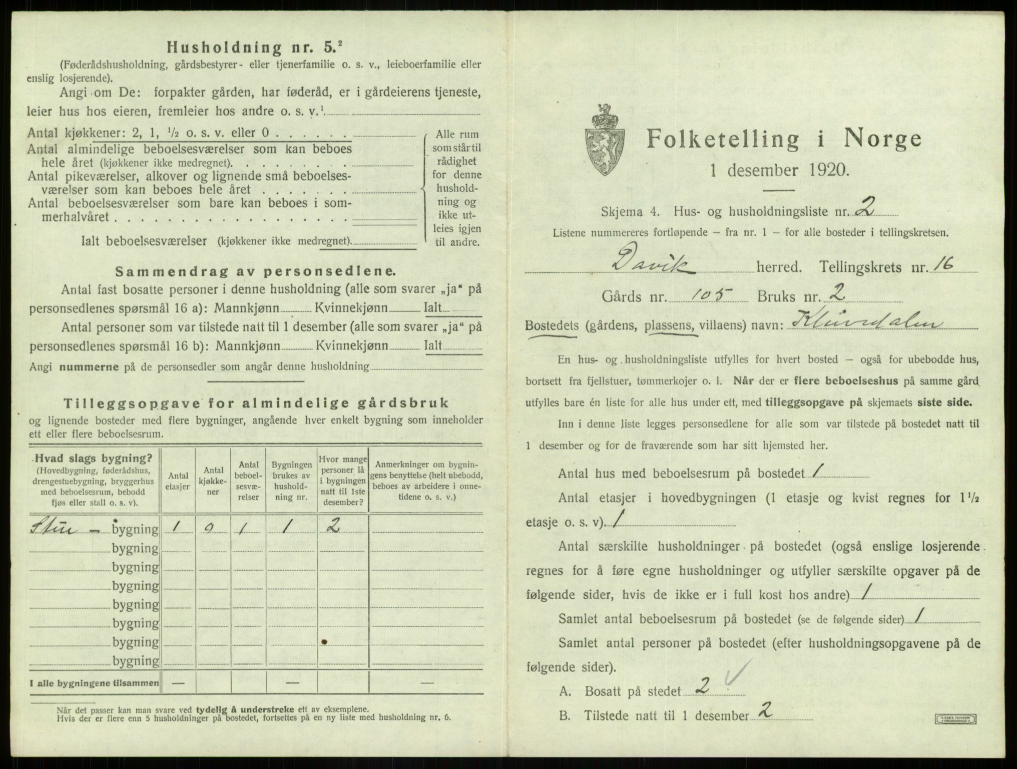 SAB, 1920 census for Davik, 1920, p. 1015