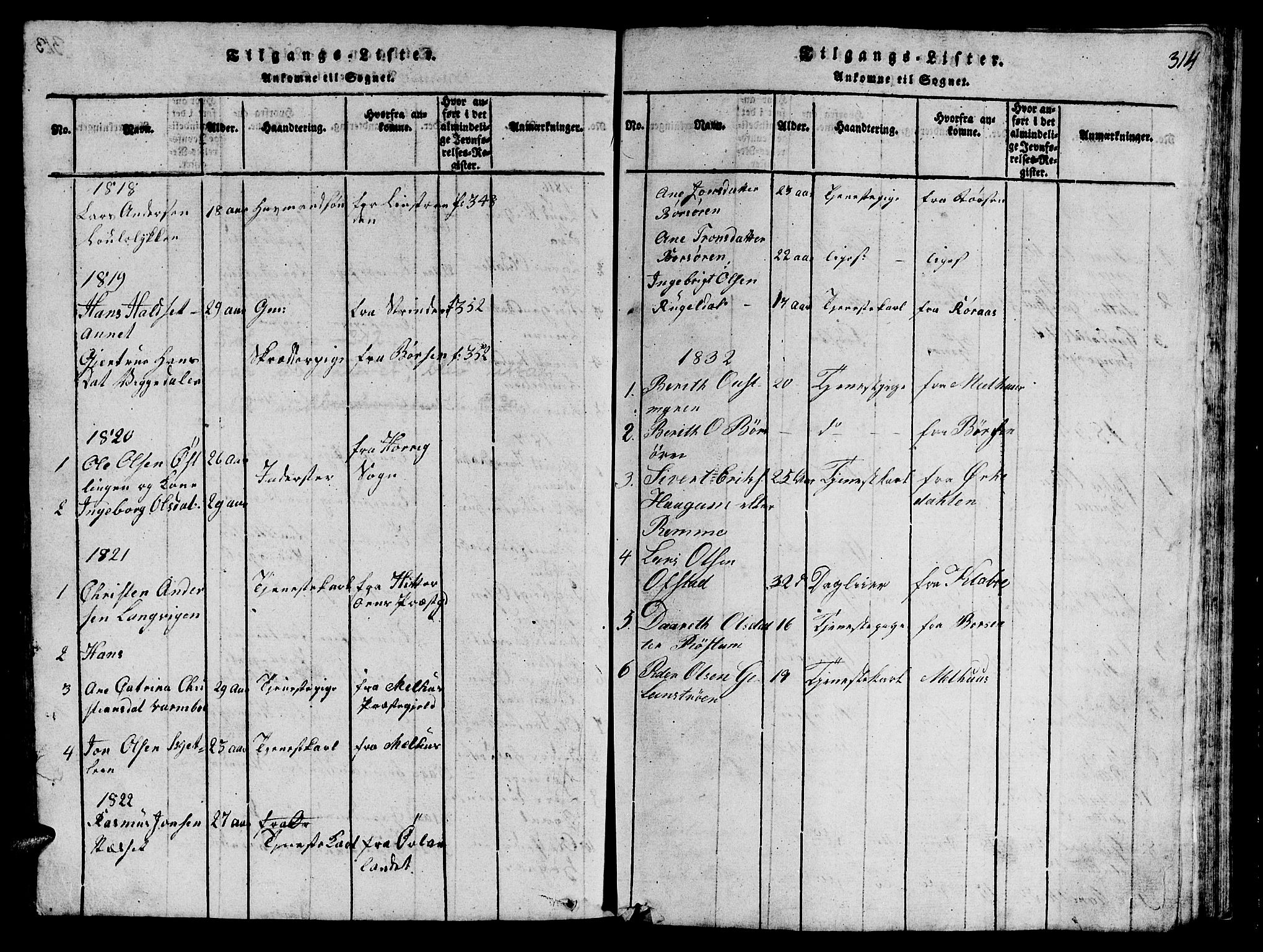 Ministerialprotokoller, klokkerbøker og fødselsregistre - Sør-Trøndelag, AV/SAT-A-1456/612/L0385: Parish register (copy) no. 612C01, 1816-1845, p. 314