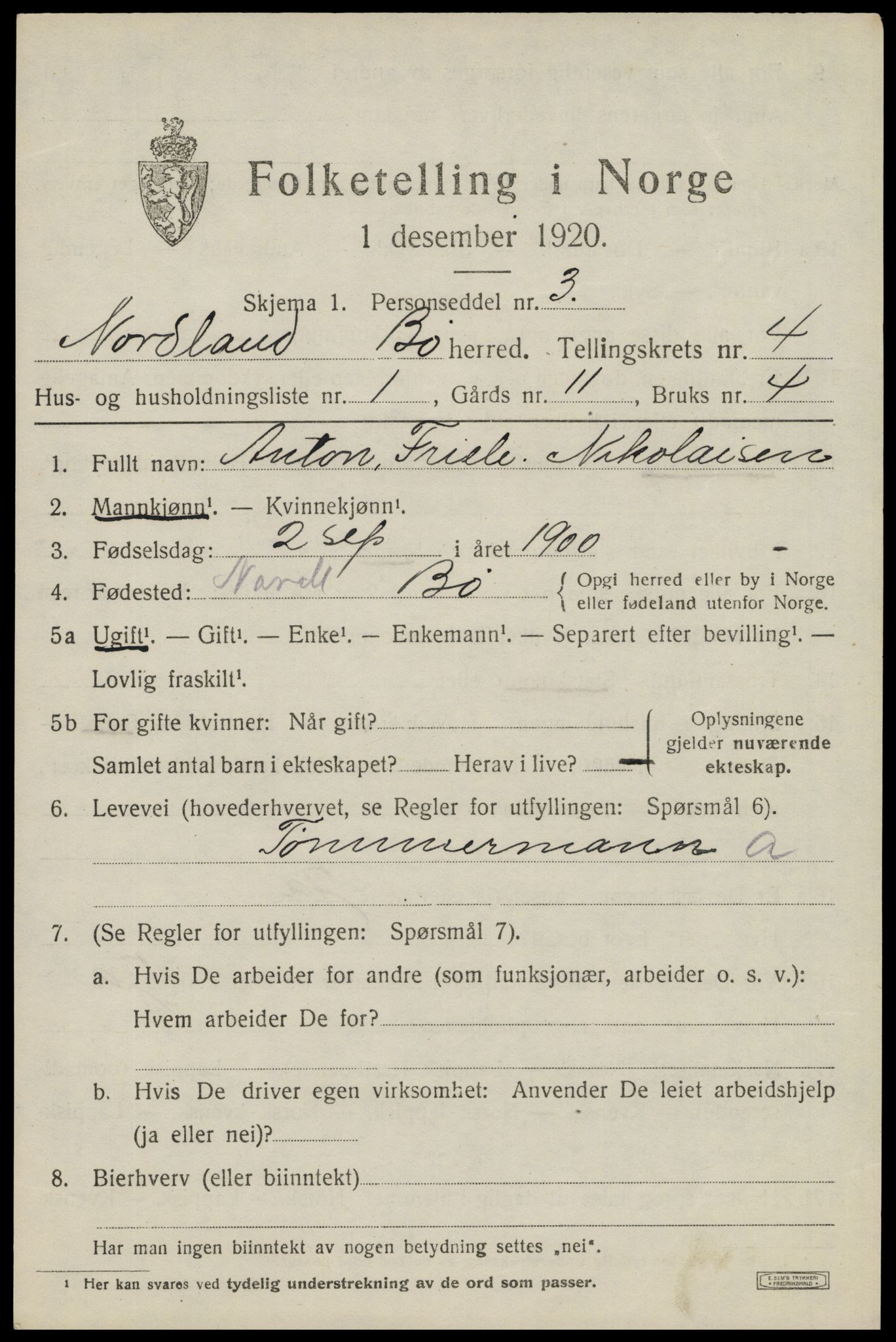 SAT, 1920 census for Bø, 1920, p. 3186