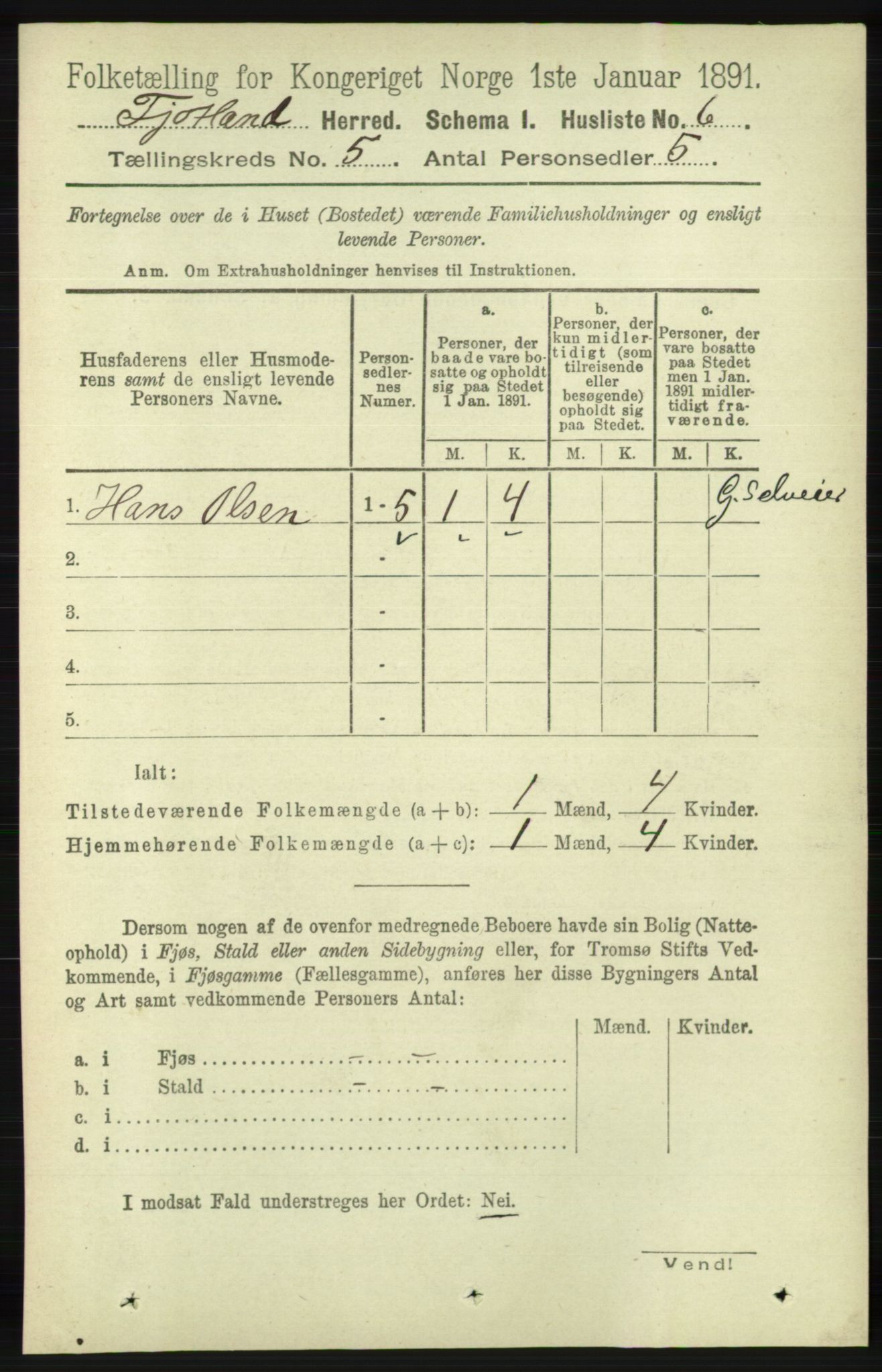 RA, 1891 census for 1036 Fjotland, 1891, p. 704