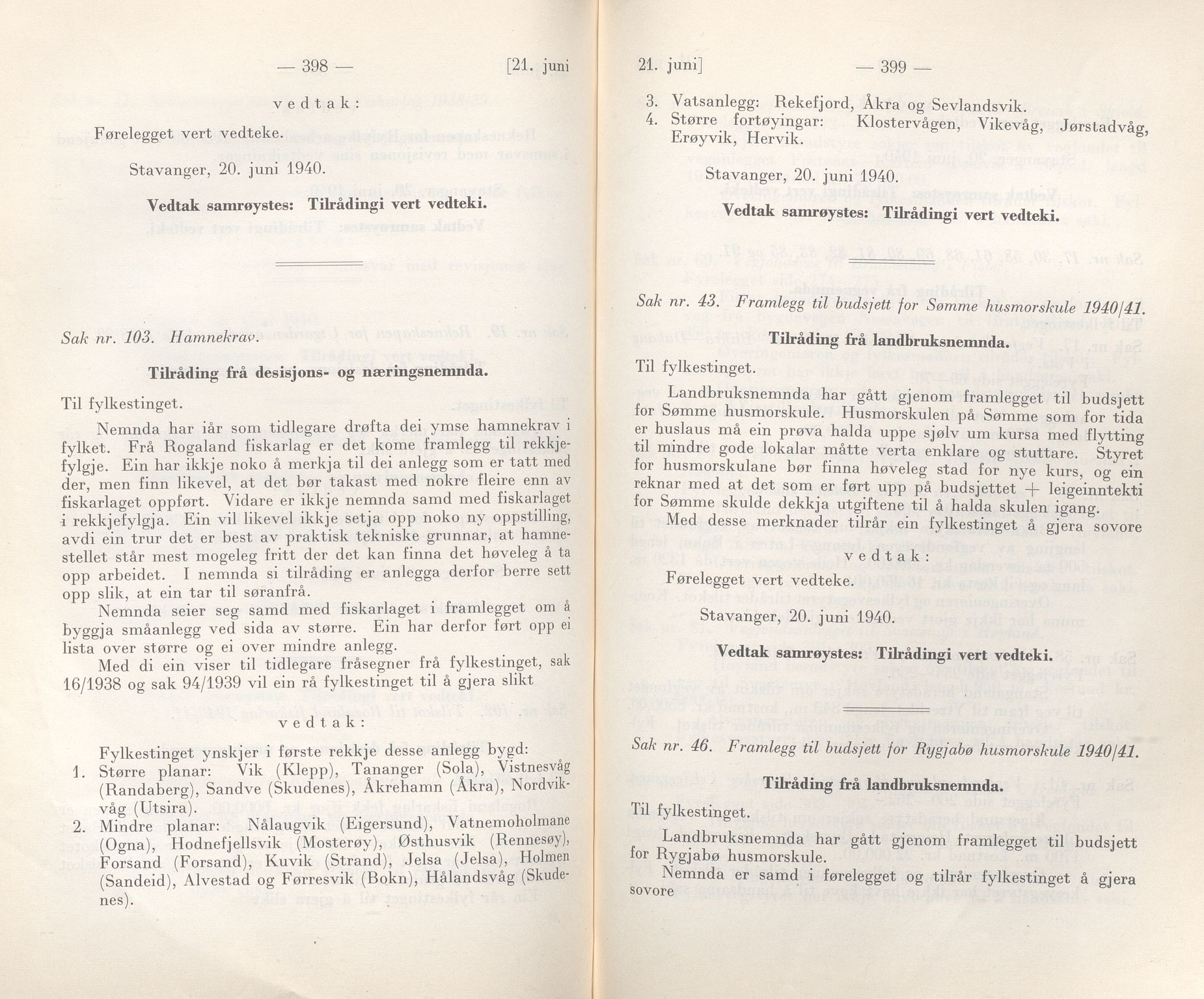 Rogaland fylkeskommune - Fylkesrådmannen , IKAR/A-900/A/Aa/Aaa/L0059: Møtebok , 1940, p. 398-399