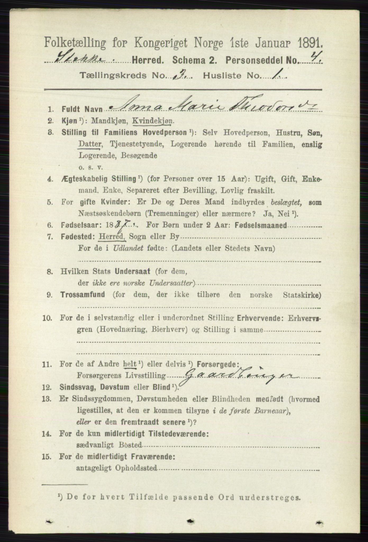 RA, 1891 census for 0720 Stokke, 1891, p. 1565