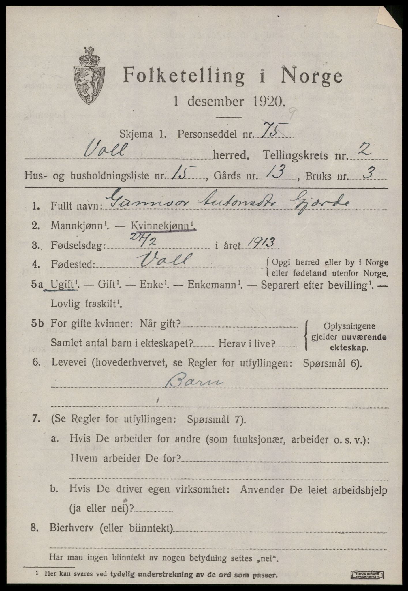 SAT, 1920 census for Voll, 1920, p. 943