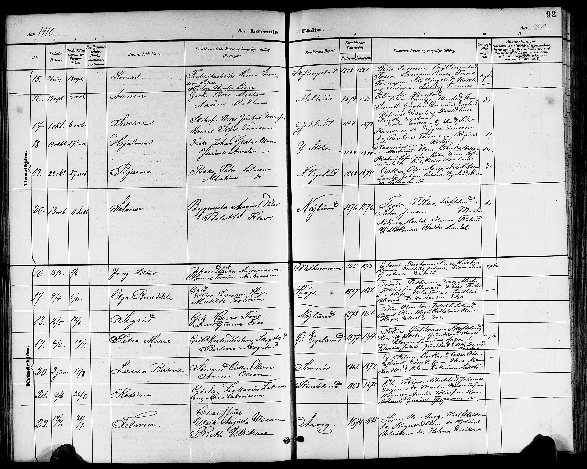 Sør-Audnedal sokneprestkontor, AV/SAK-1111-0039/F/Fb/Fbb/L0006: Parish register (copy) no. B 6, 1893-1915, p. 92