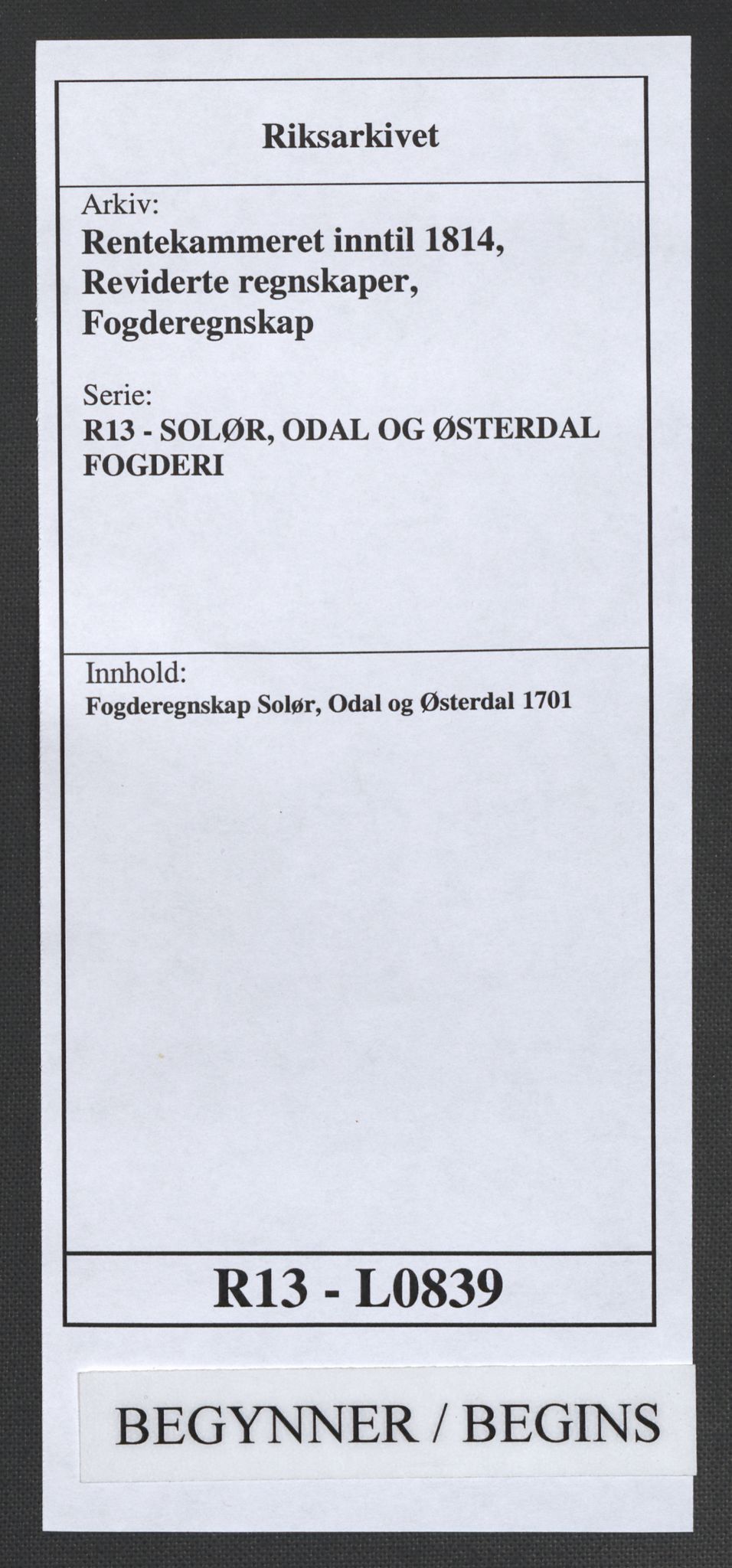 Rentekammeret inntil 1814, Reviderte regnskaper, Fogderegnskap, AV/RA-EA-4092/R13/L0839: Fogderegnskap Solør, Odal og Østerdal, 1701, p. 1