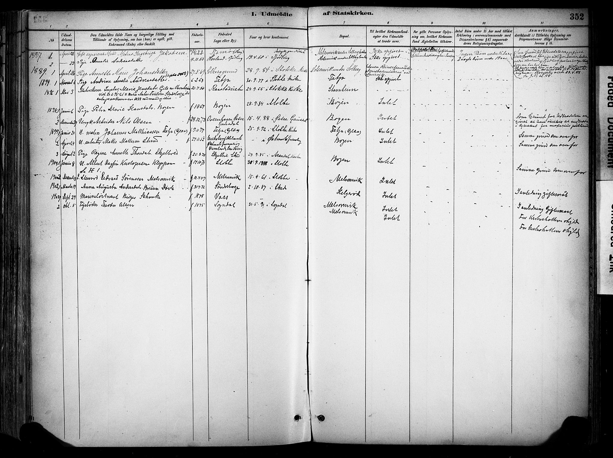 Stokke kirkebøker, AV/SAKO-A-320/F/Fa/L0010: Parish register (official) no. I 10, 1884-1903, p. 352