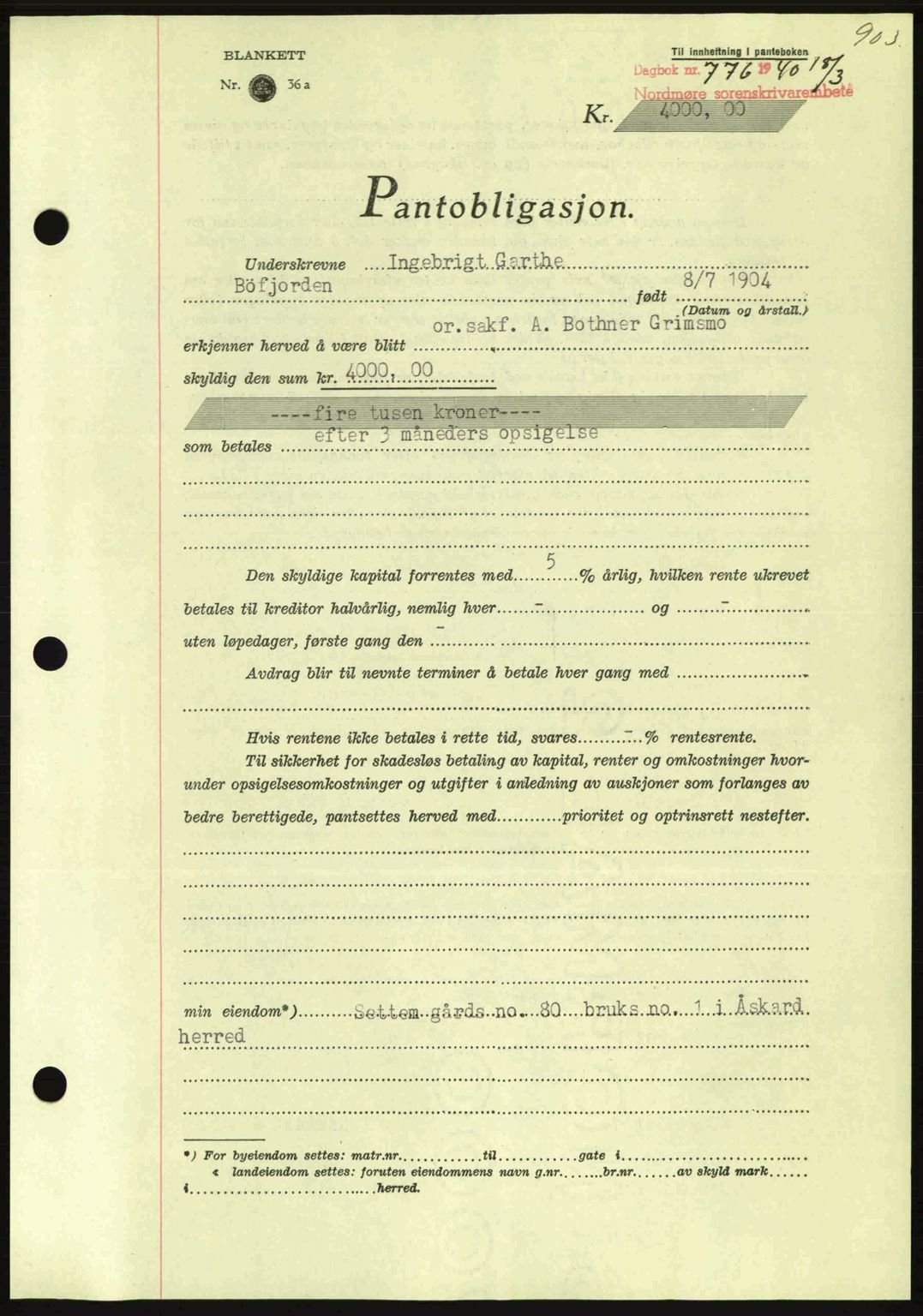 Nordmøre sorenskriveri, AV/SAT-A-4132/1/2/2Ca: Mortgage book no. B86, 1939-1940, Diary no: : 776/1940