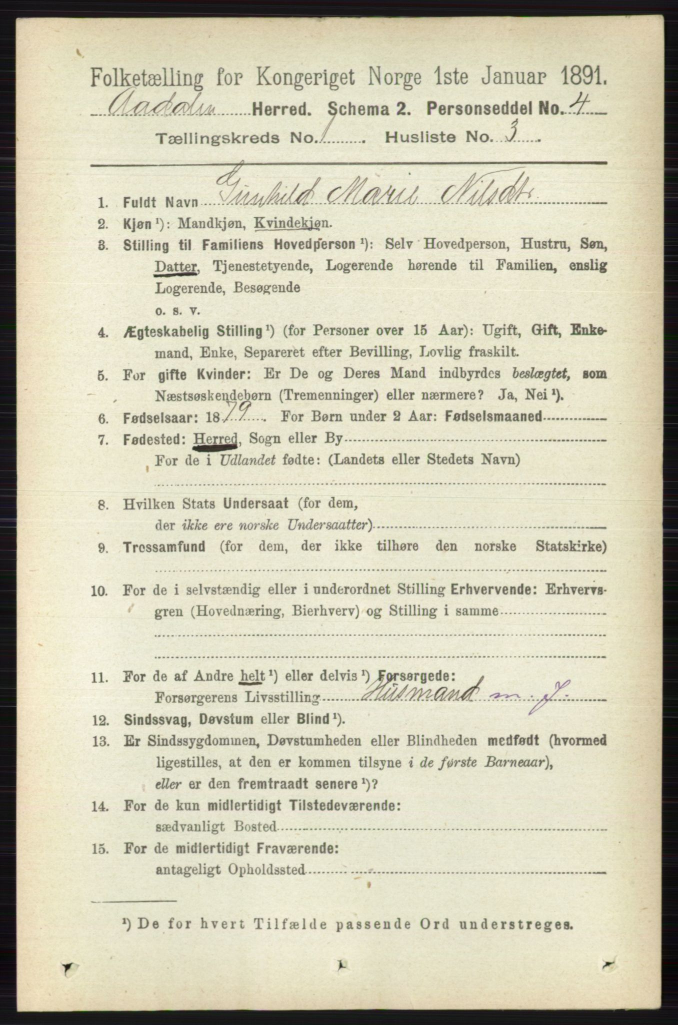 RA, 1891 census for 0614 Ådal, 1891, p. 83