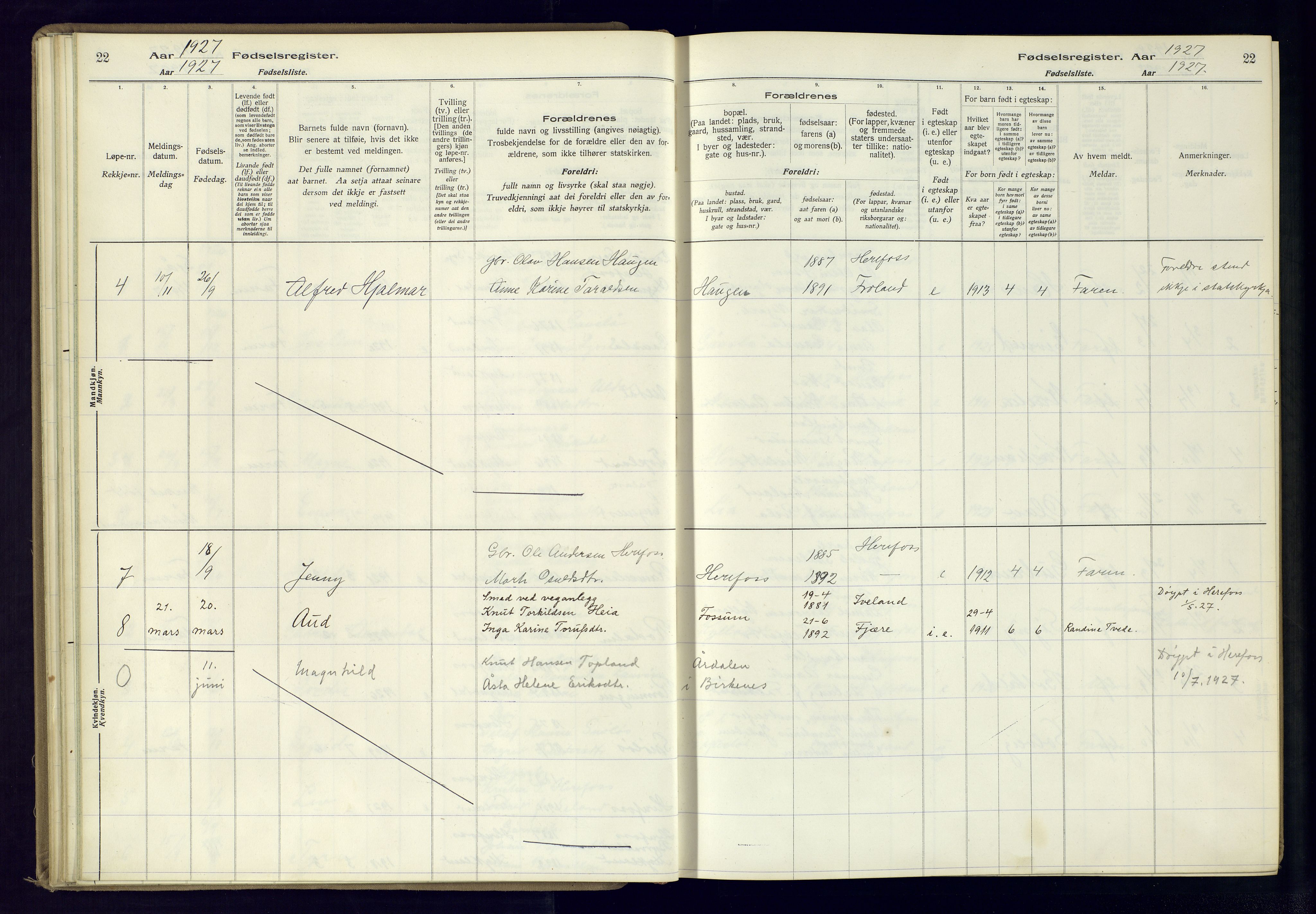 Herefoss sokneprestkontor, AV/SAK-1111-0019/J/Ja/L0001: Birth register no. II.6.10, 1916-1982, p. 22