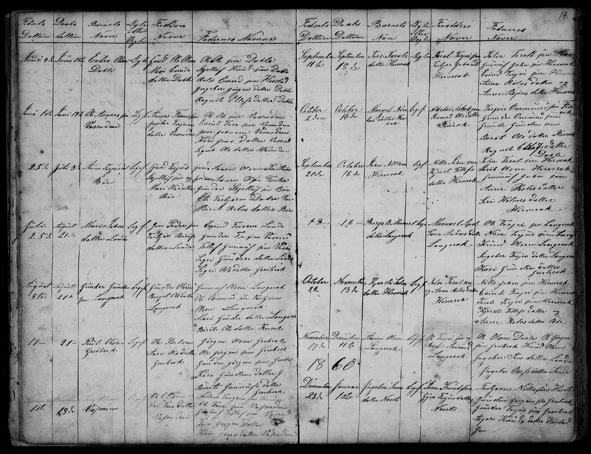 Bygland sokneprestkontor, SAK/1111-0006/F/Fb/Fbd/L0001: Parish register (copy) no. B 1, 1848-1895, p. 14