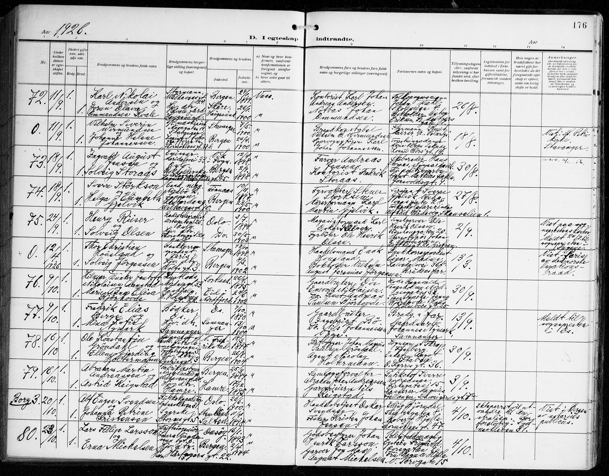Johanneskirken sokneprestembete, AV/SAB-A-76001/H/Haa/L0013: Parish register (official) no. D 2, 1912-1929, p. 176