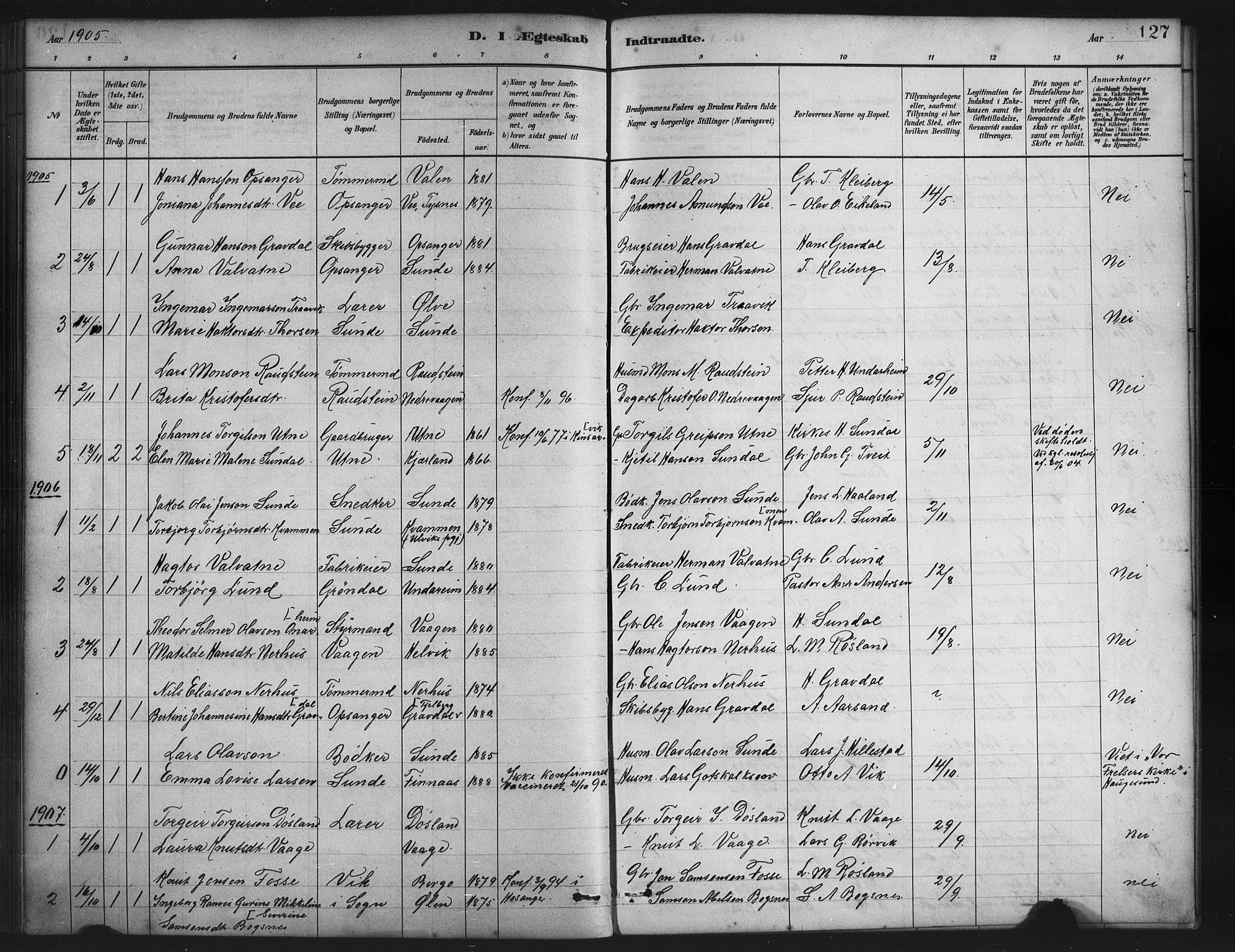 Husnes Sokneprestembete, SAB/A-75901/H/Hab: Parish register (copy) no. A 2, 1881-1917, p. 127