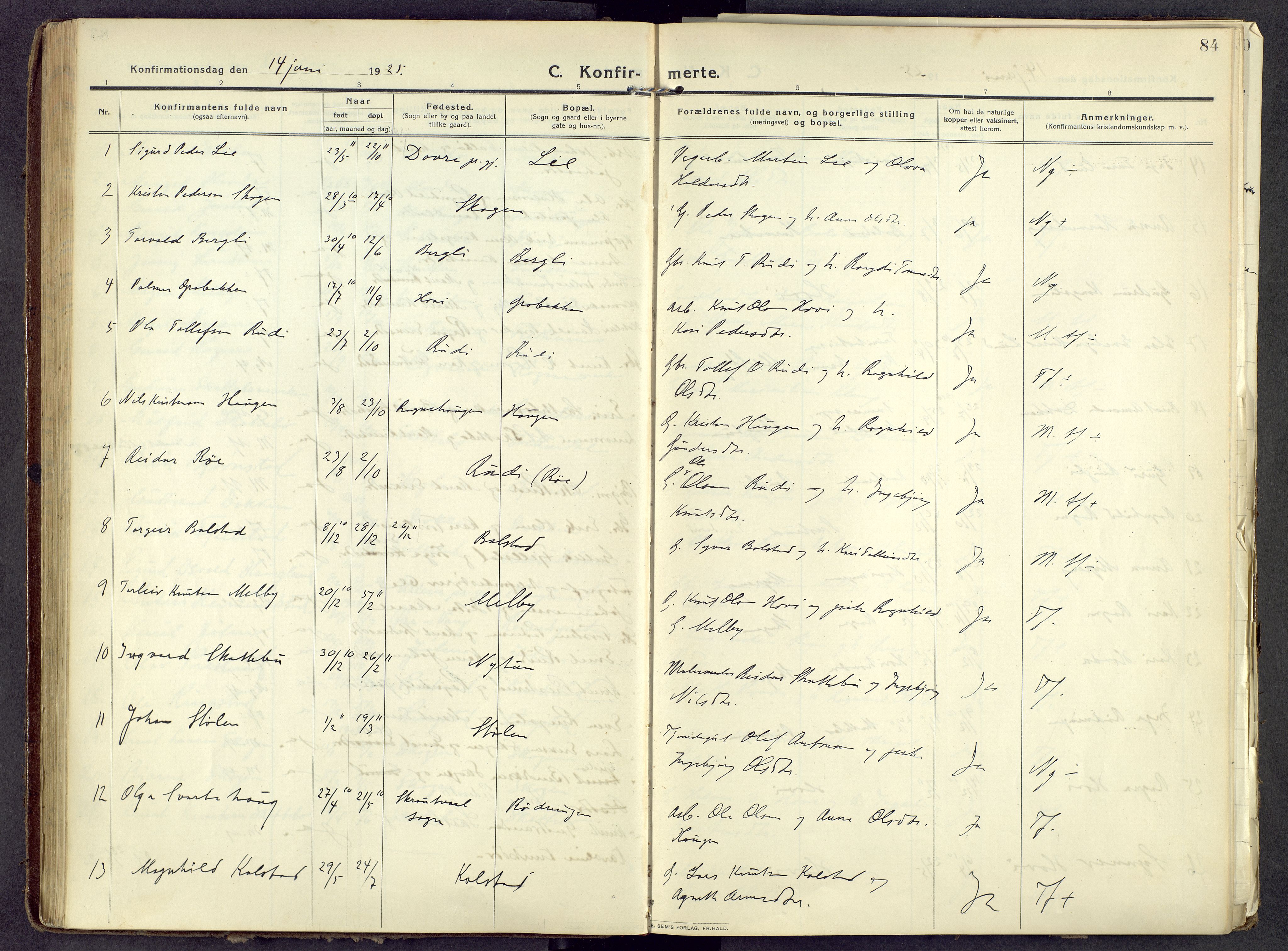Øystre Slidre prestekontor, AV/SAH-PREST-138/H/Ha/Haa/L0006: Parish register (official) no. 6, 1911-1931, p. 84
