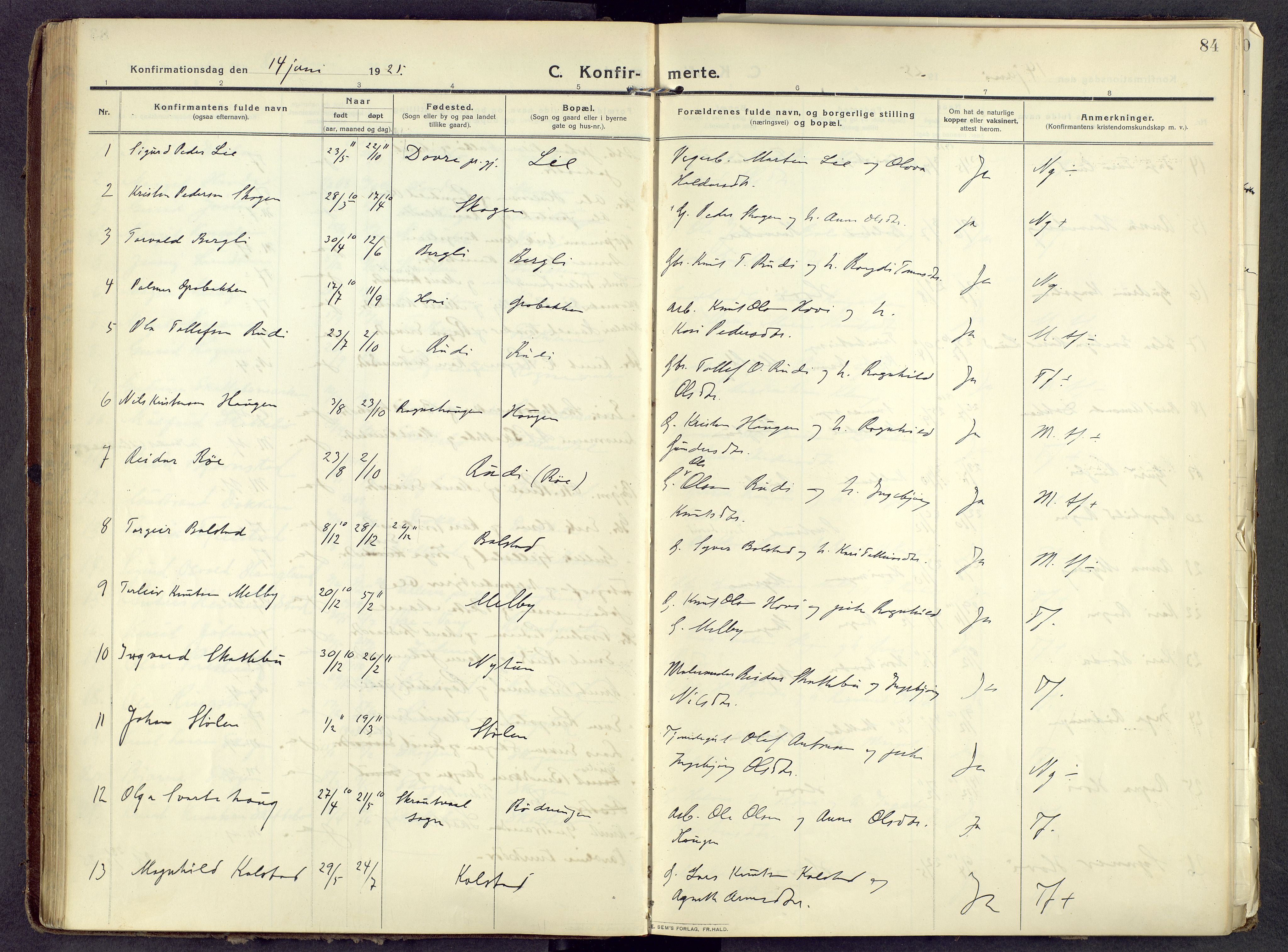 Øystre Slidre prestekontor, SAH/PREST-138/H/Ha/Haa/L0006: Parish register (official) no. 6, 1911-1931, p. 84