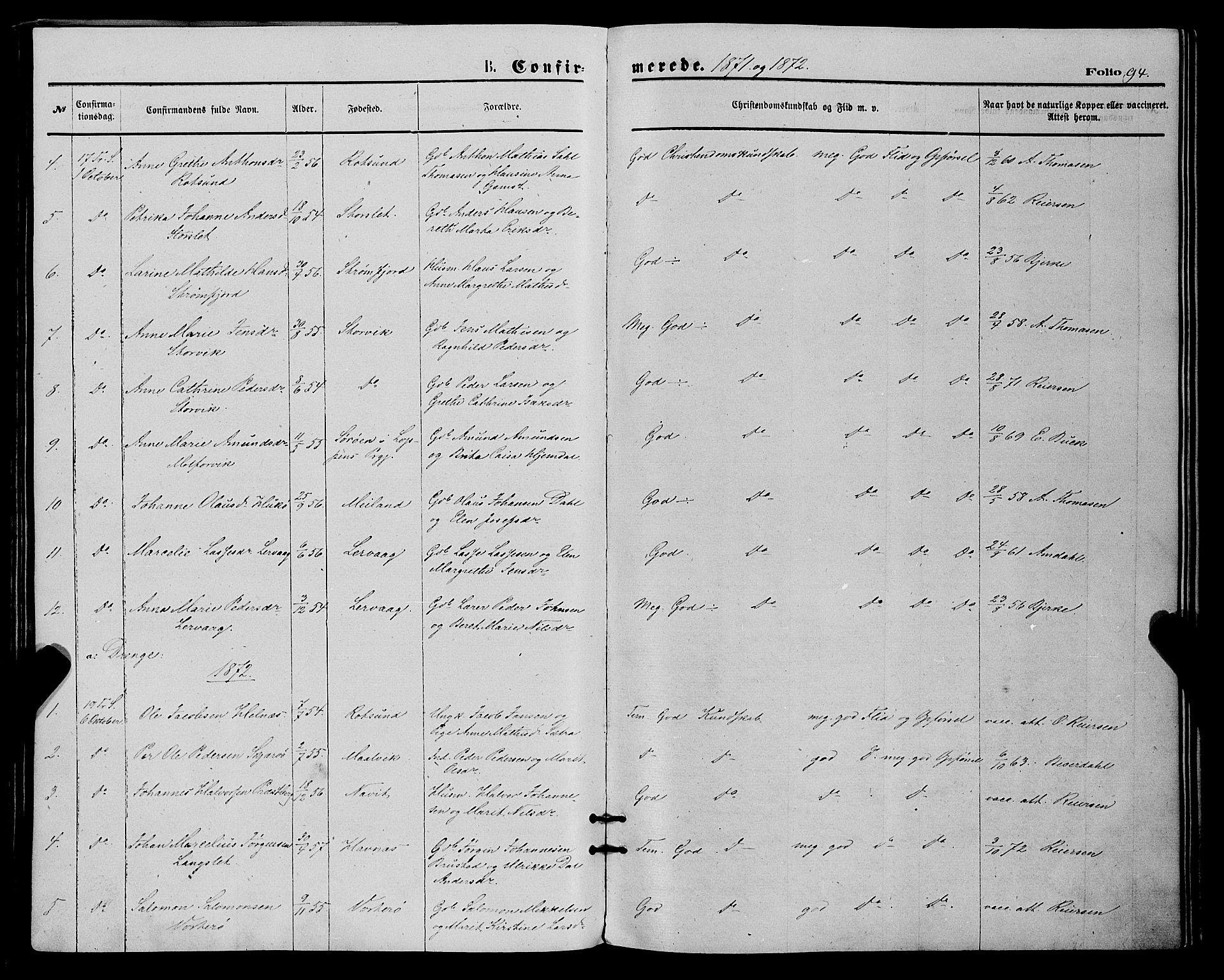 Skjervøy sokneprestkontor, SATØ/S-1300/H/Ha/Haa/L0008kirke: Parish register (official) no. 8, 1871-1877, p. 94