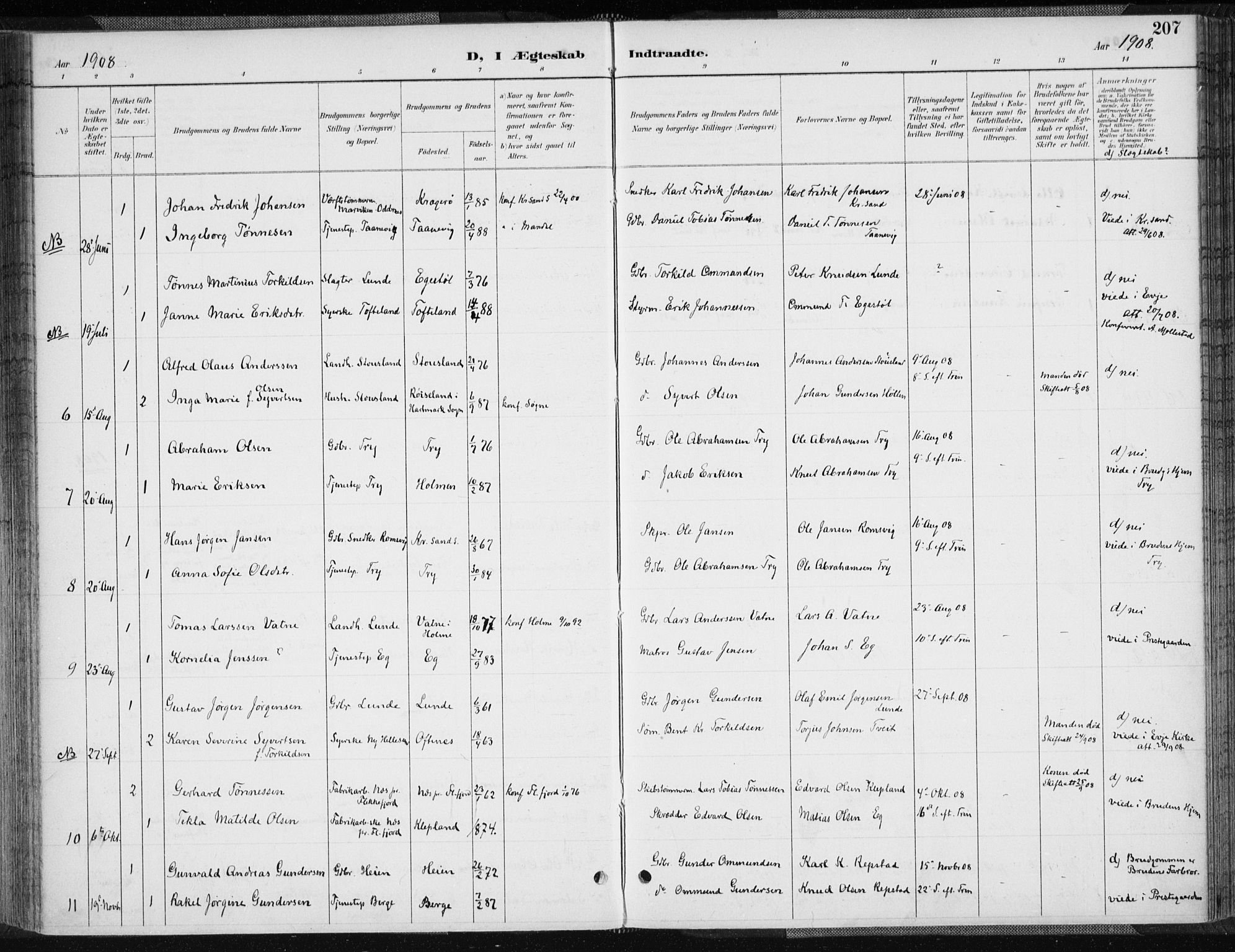 Søgne sokneprestkontor, SAK/1111-0037/F/Fa/Fab/L0013: Parish register (official) no. A 13, 1892-1911, p. 207