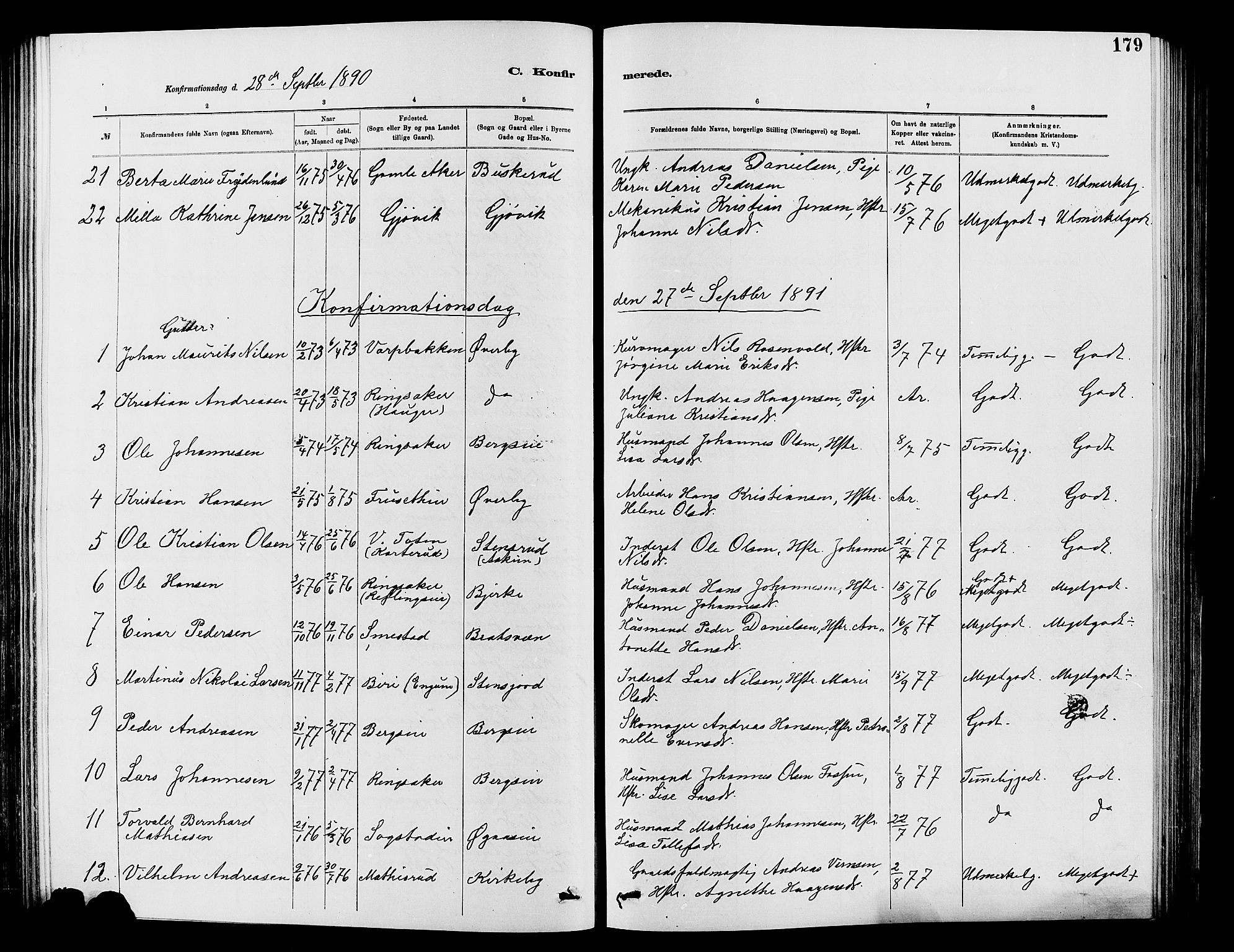 Vardal prestekontor, SAH/PREST-100/H/Ha/Hab/L0007: Parish register (copy) no. 7 /1, 1881-1895, p. 179