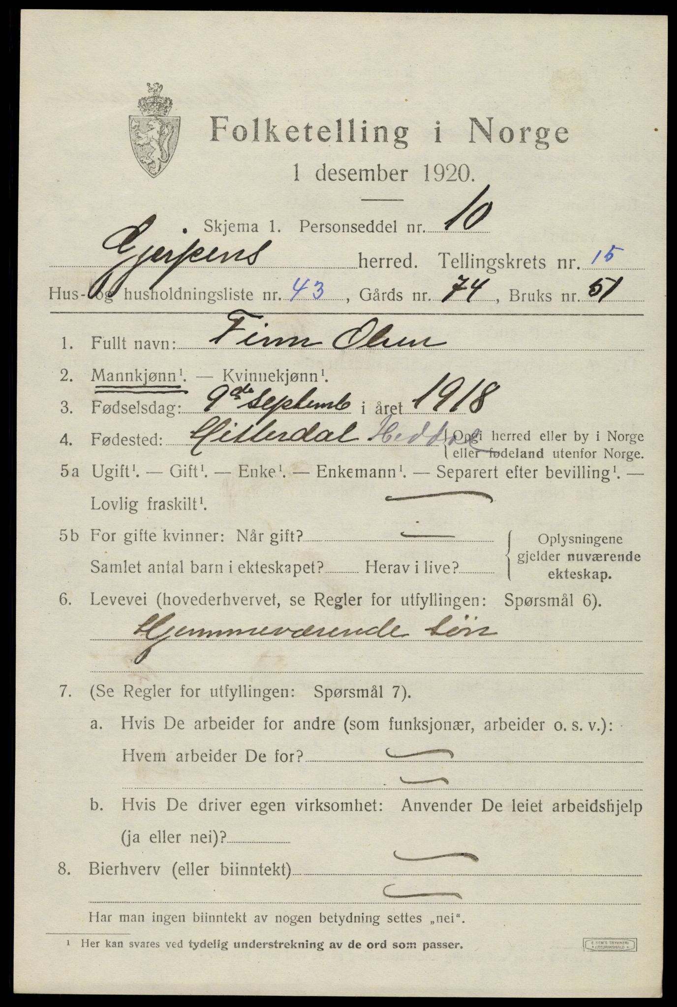 SAKO, 1920 census for Gjerpen, 1920, p. 17768