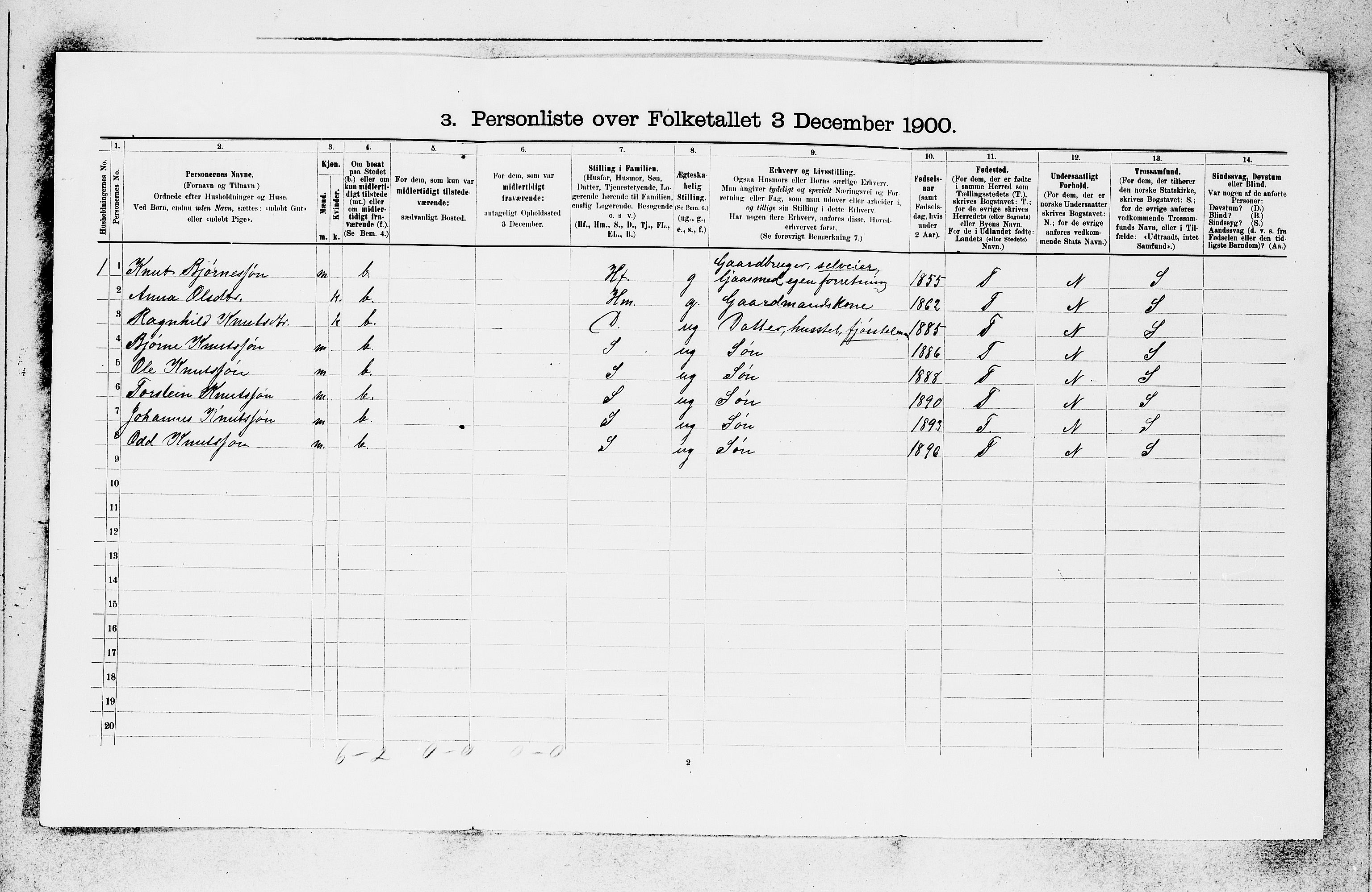 SAB, 1900 census for Voss, 1900, p. 1990