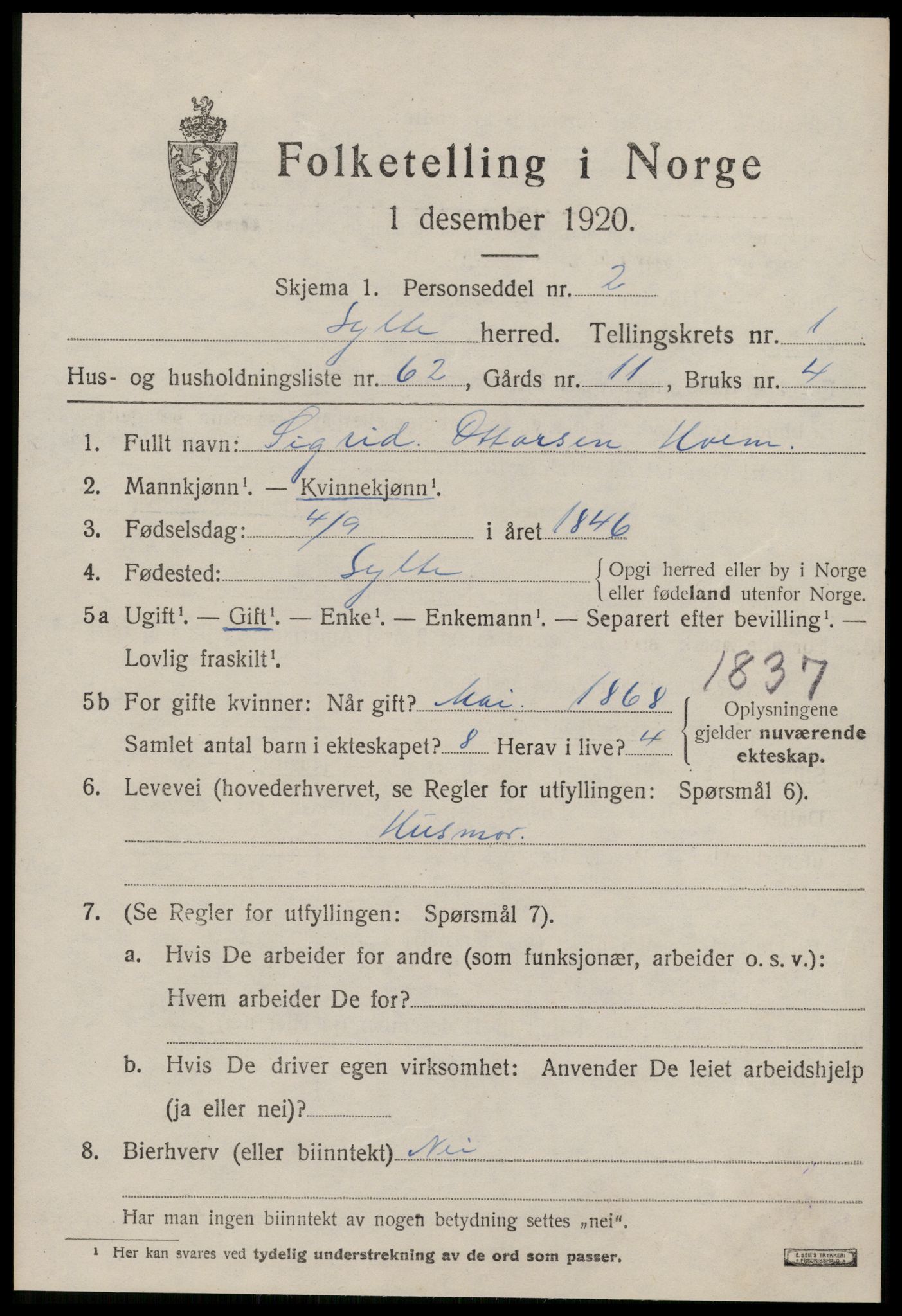 SAT, 1920 census for Sylte, 1920, p. 1177