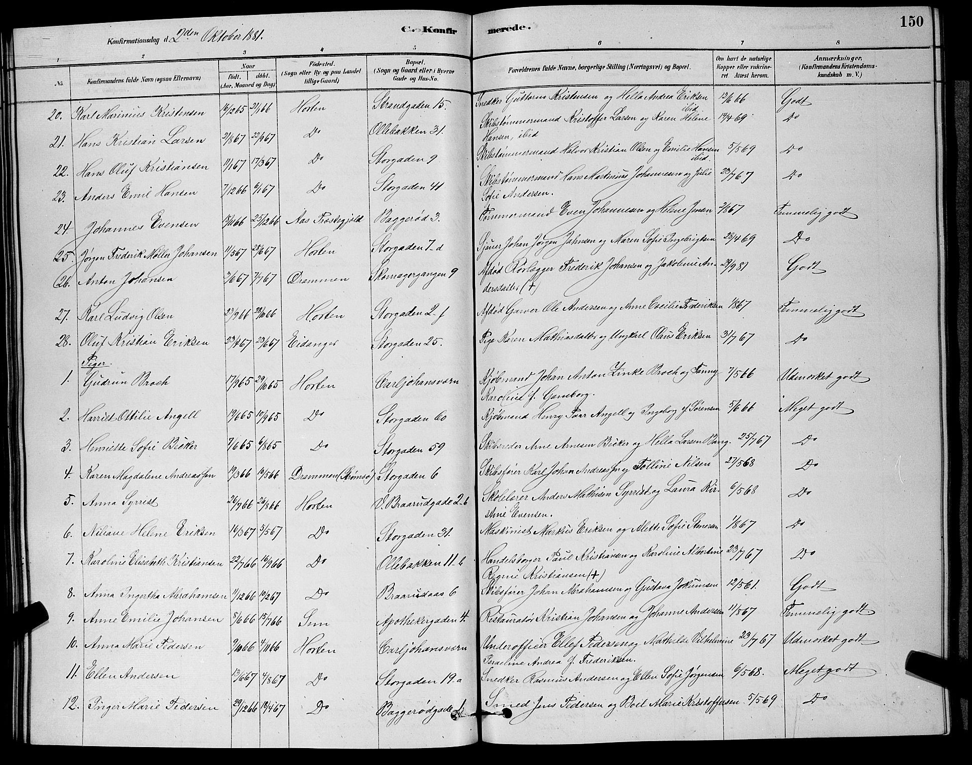 Horten kirkebøker, AV/SAKO-A-348/G/Ga/L0003: Parish register (copy) no. 4, 1878-1887, p. 150