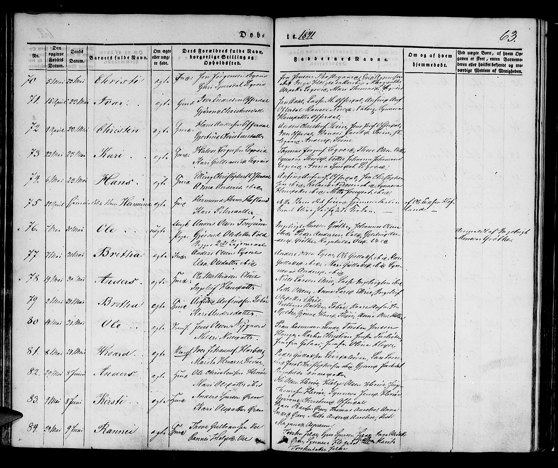 Lærdal sokneprestembete, AV/SAB-A-81201: Parish register (official) no. A 6, 1835-1849, p. 63