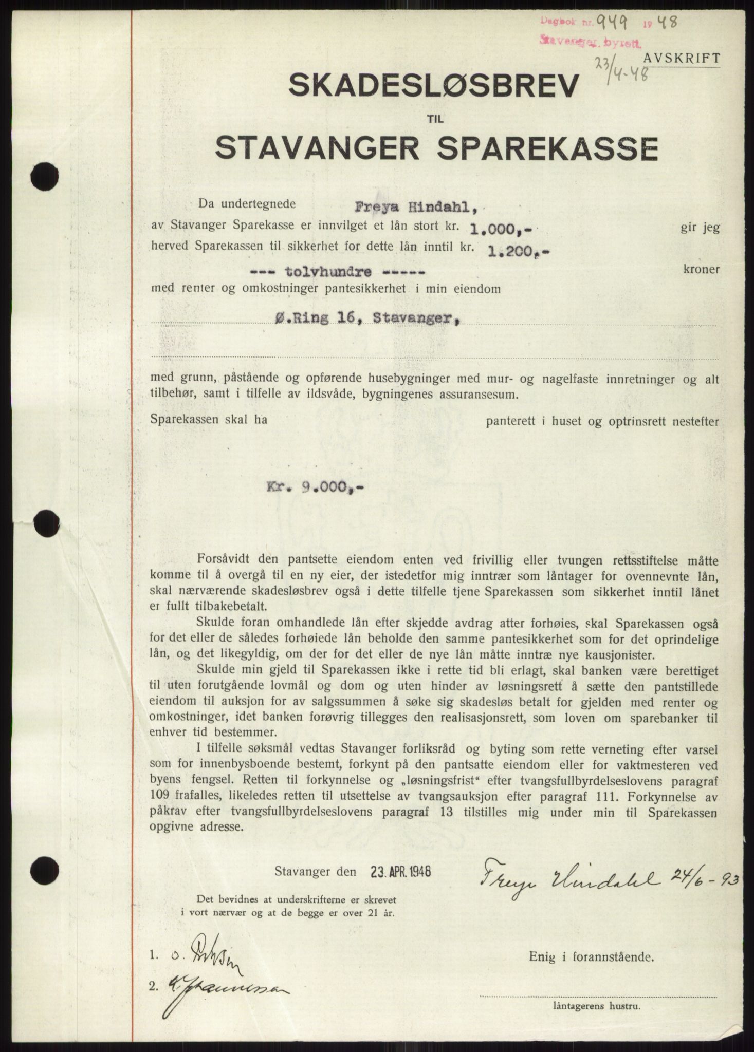 Stavanger byrett, SAST/A-100455/002/G/Gb/L0032: Mortgage book, 1947-1950, Diary no: : 949/1948