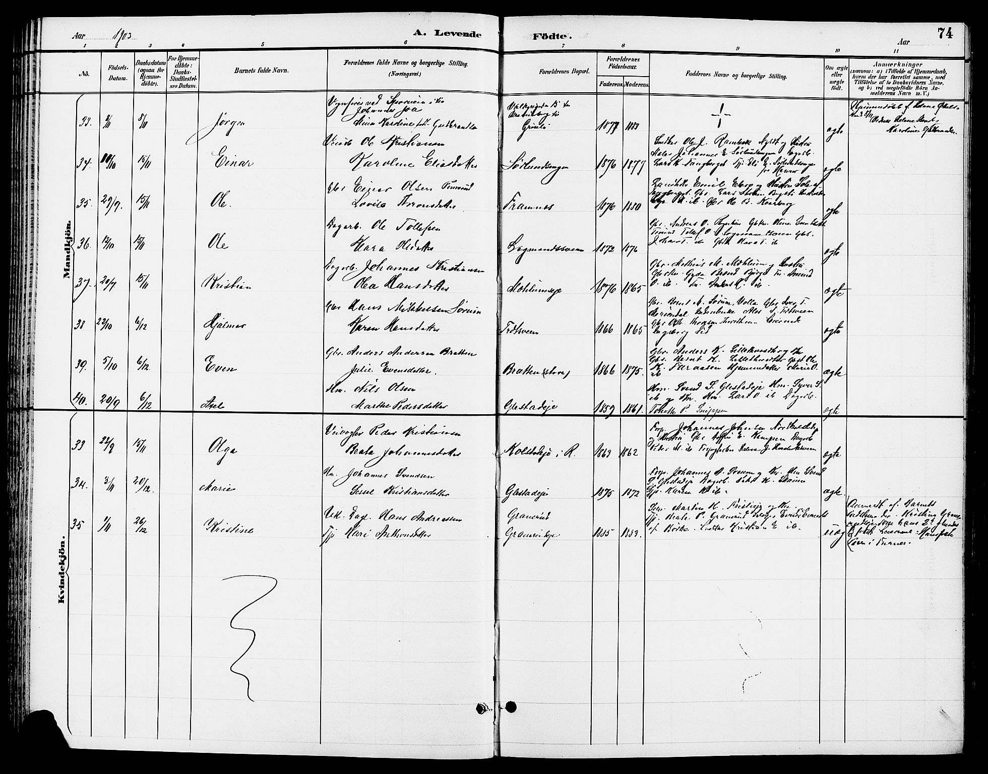 Ringsaker prestekontor, AV/SAH-PREST-014/L/La/L0014: Parish register (copy) no. 14, 1891-1904, p. 74