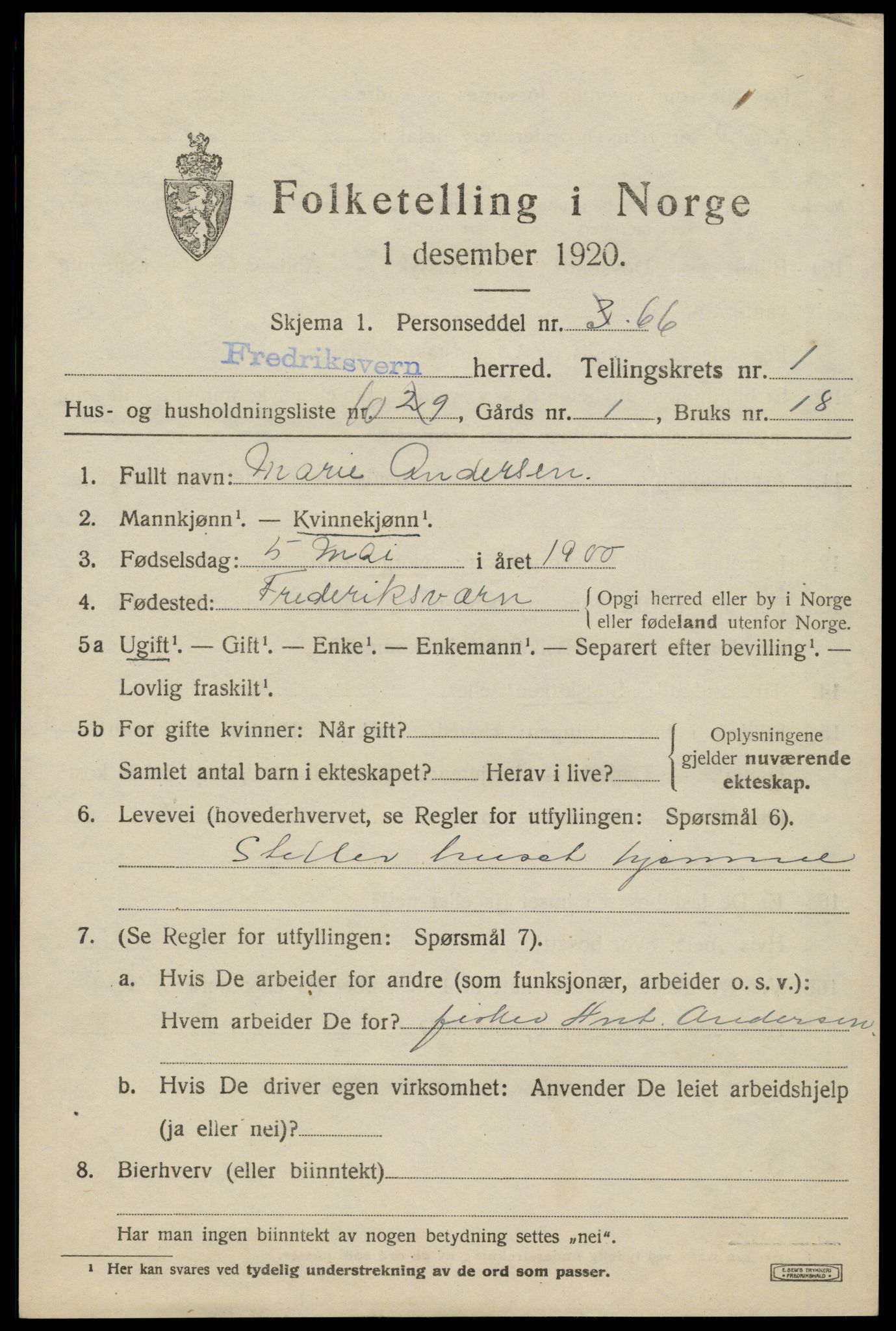 SAKO, 1920 census for Fredriksvern, 1920, p. 581