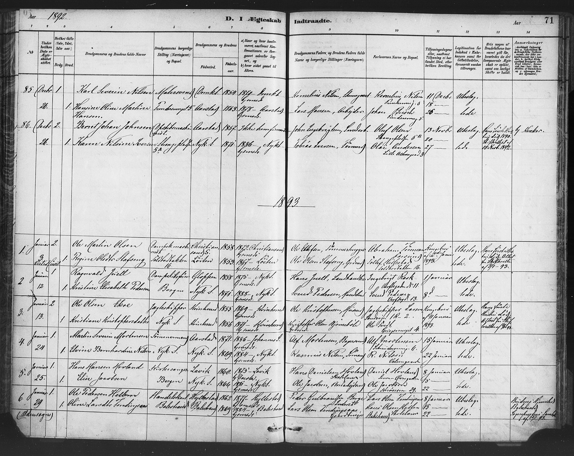 Nykirken Sokneprestembete, AV/SAB-A-77101/H/Haa/L0033: Parish register (official) no. D 3, 1884-1895, p. 71