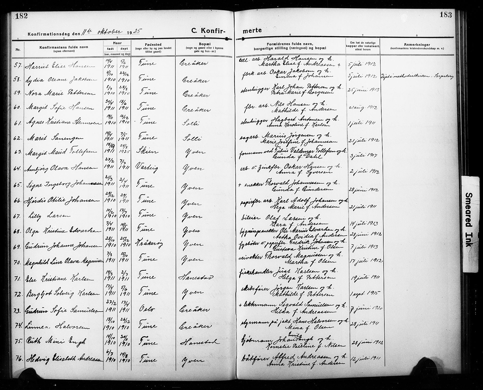 Tune prestekontor Kirkebøker, AV/SAO-A-2007/G/Gc/L0001: Parish register (copy) no. III 1, 1920-1930, p. 182-183