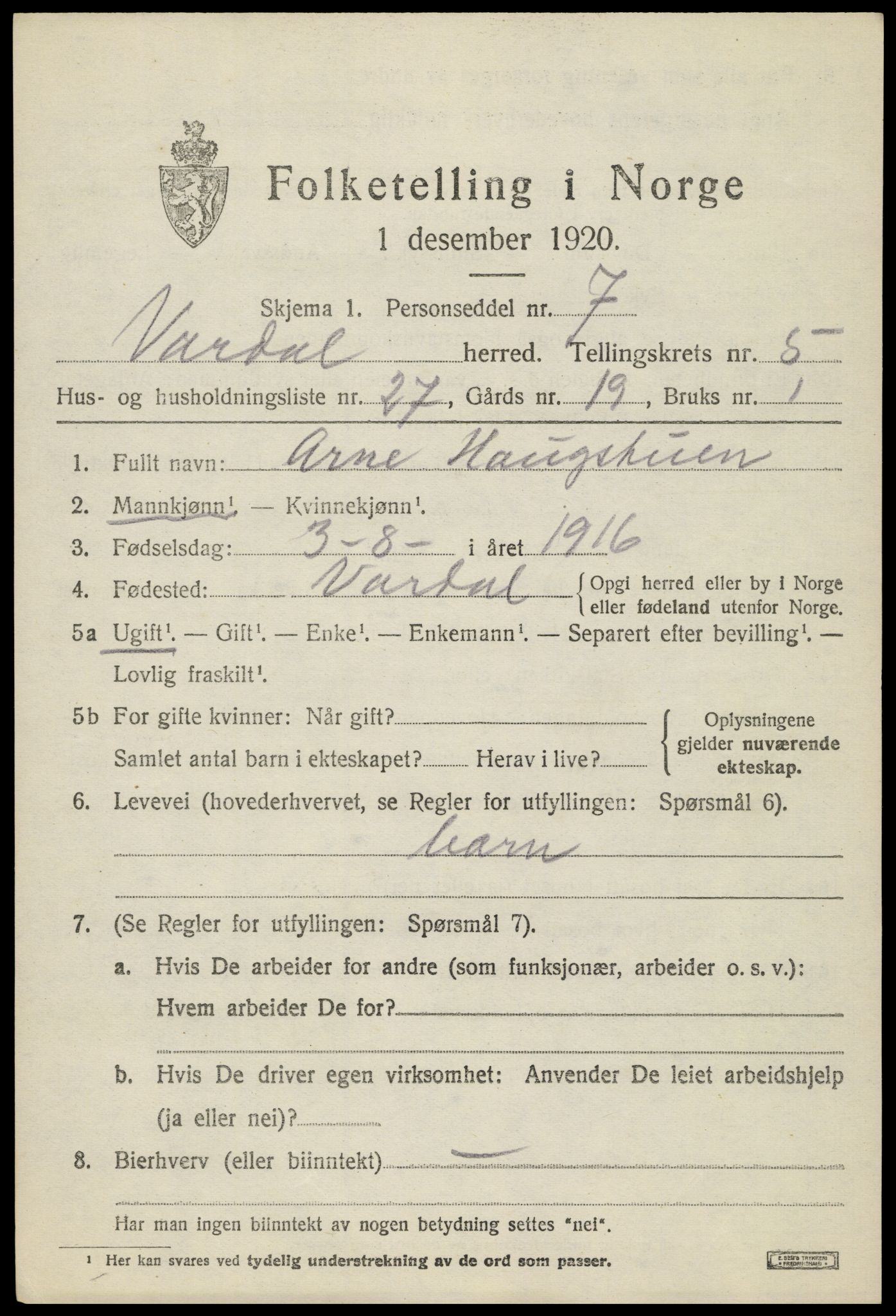 SAH, 1920 census for Vardal, 1920, p. 3385