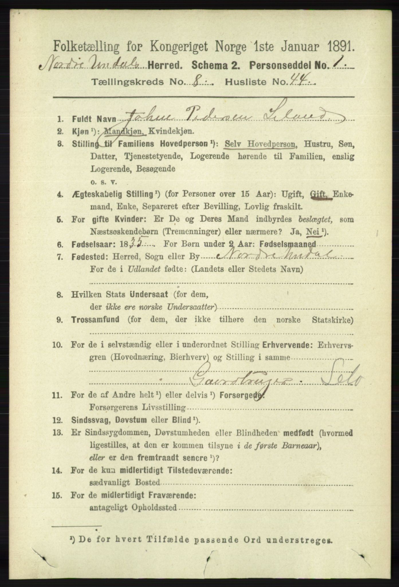 RA, 1891 census for 1028 Nord-Audnedal, 1891, p. 2297