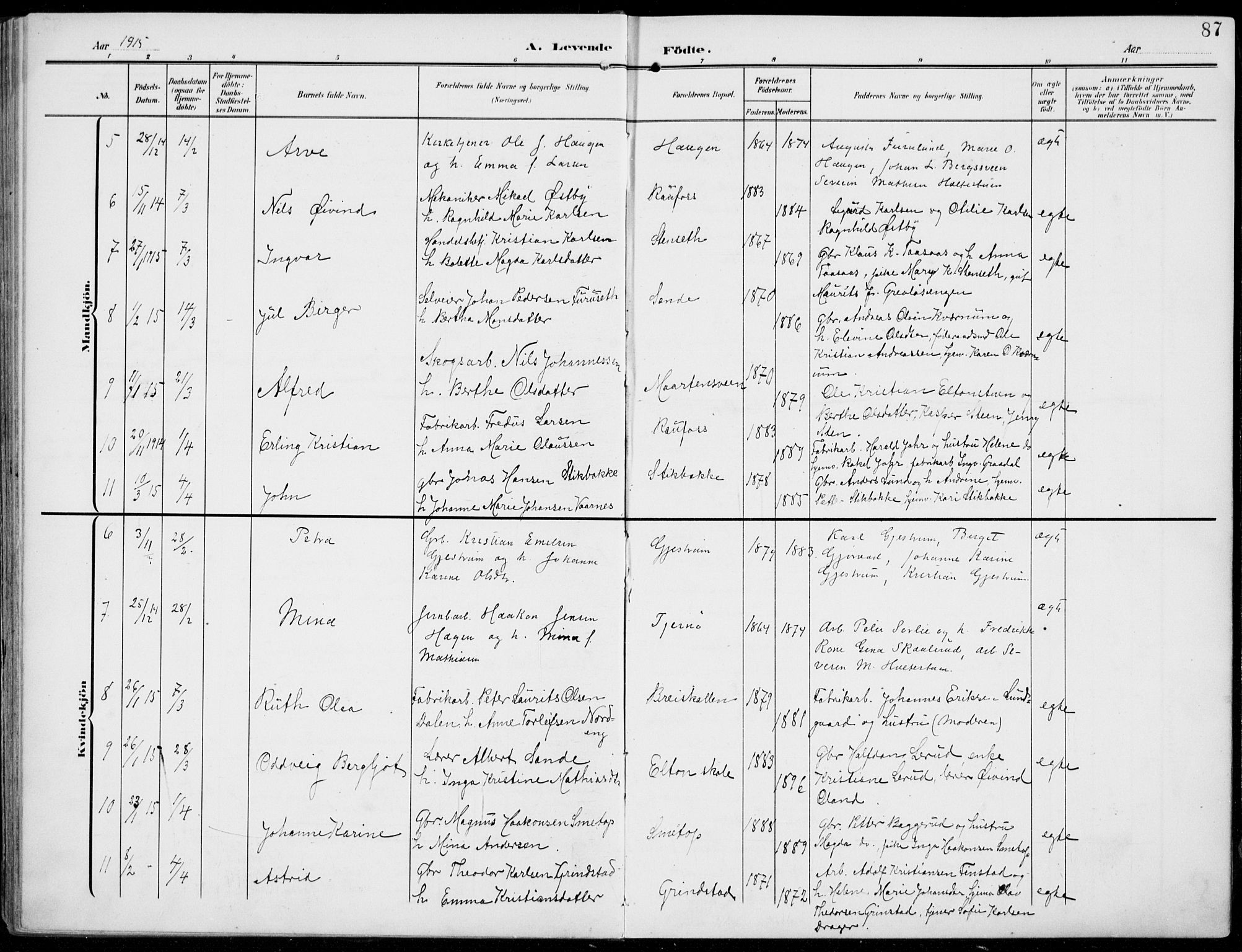 Vestre Toten prestekontor, AV/SAH-PREST-108/H/Ha/Haa/L0014: Parish register (official) no. 14, 1907-1920, p. 87